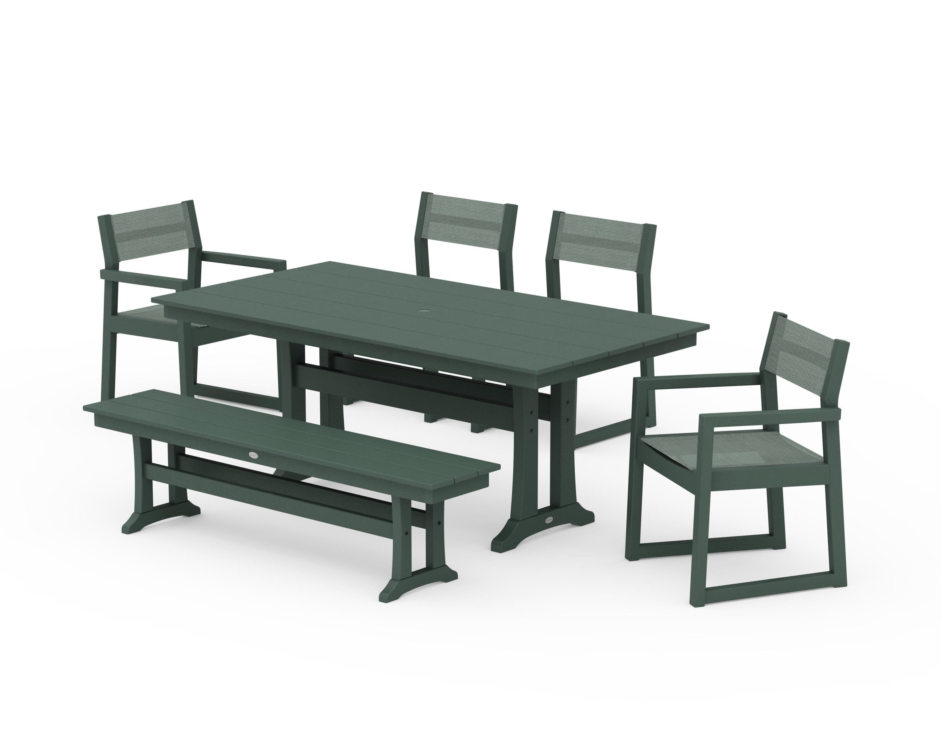 POLYWOOD EDGE Sling 6-Piece Farmhouse Dining Set With Trestle Legs in Green / Dupioni Sea Mist Sling