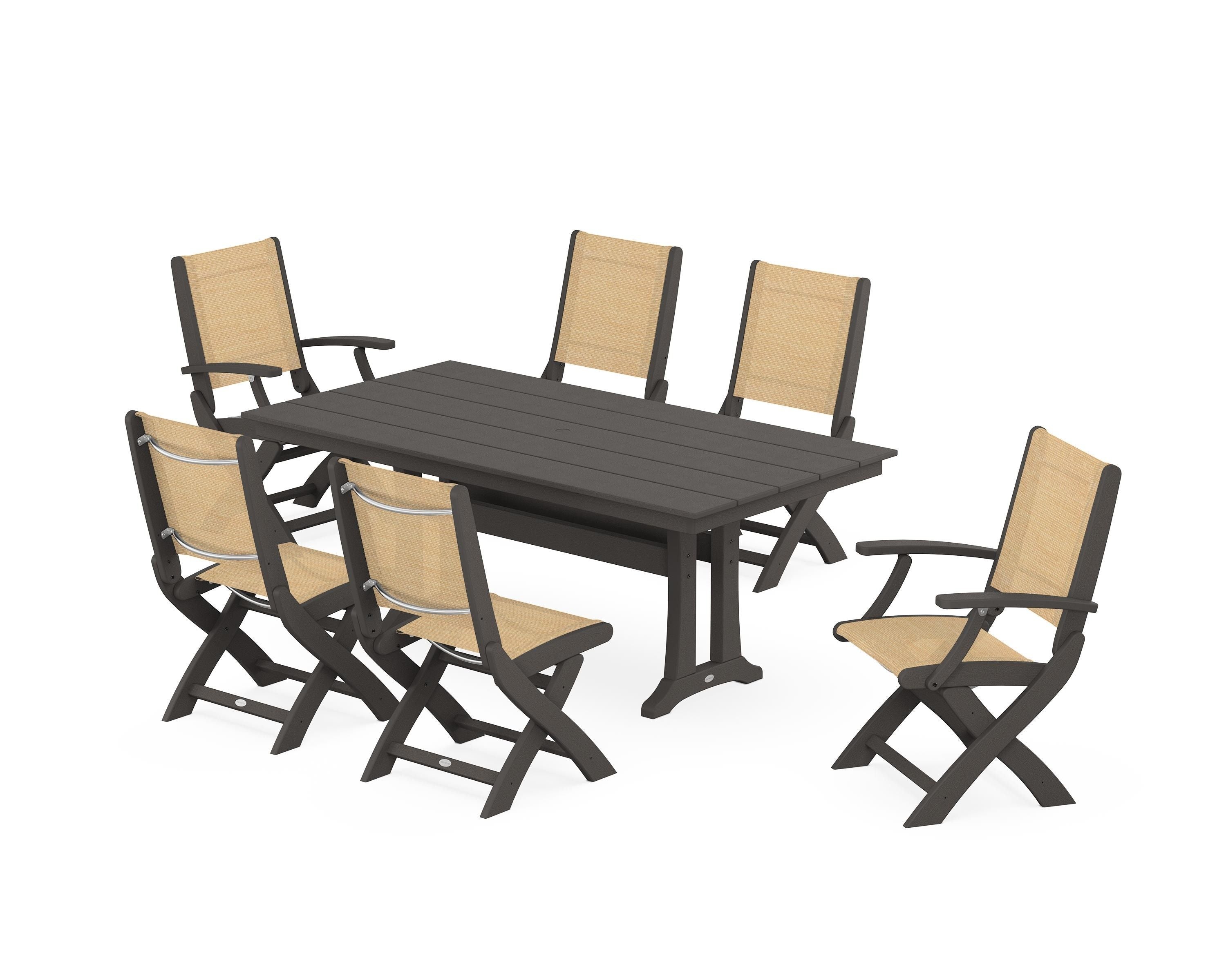 POLYWOOD Coastal Folding Chair 7-Piece Farmhouse Dining Set with Trestle Legs in Vintage Coffee / Dupioni Apricot Sling