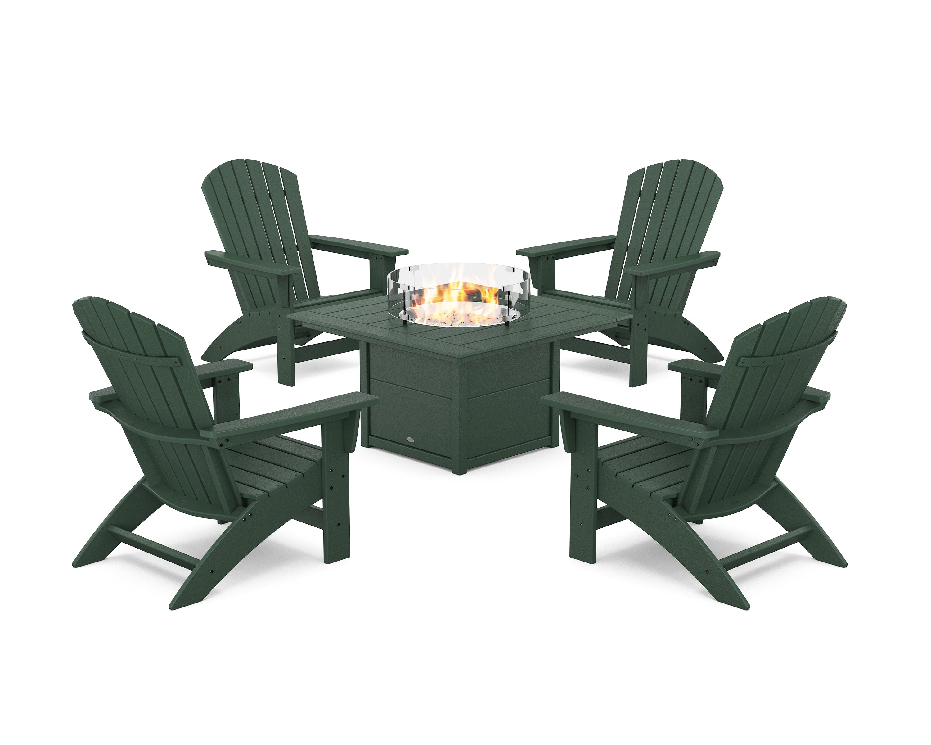 POLYWOOD 5-Piece Nautical Grand Adirondack Conversation Set with Fire Pit Table in Green