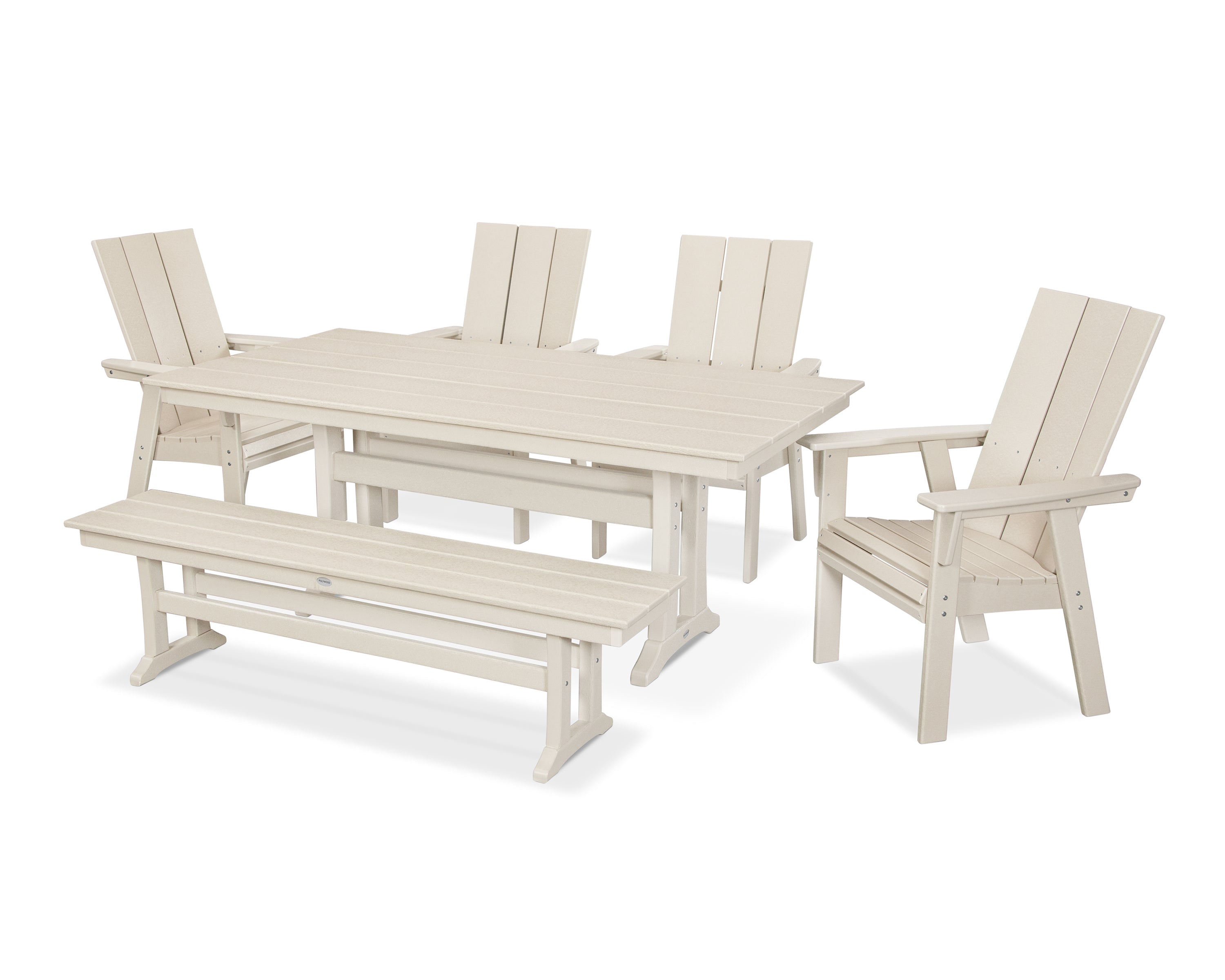 POLYWOOD® Modern Curveback Adirondack 6-Piece Farmhouse Dining Set with Trestle Legs and Bench in Sand