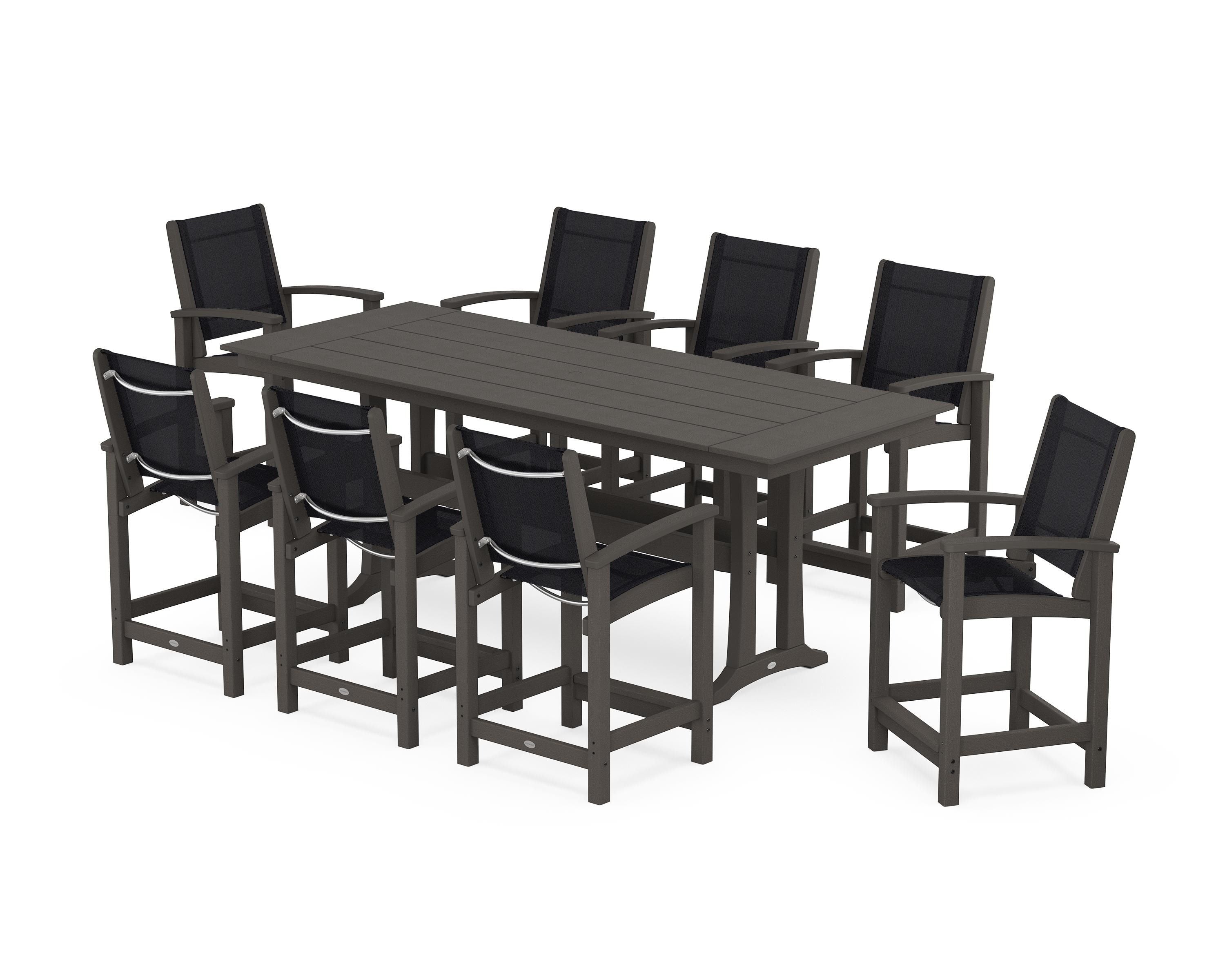 POLYWOOD Coastal 9-Piece Farmhouse Counter Set with Trestle Legs in Vintage Coffee / Black Sling
