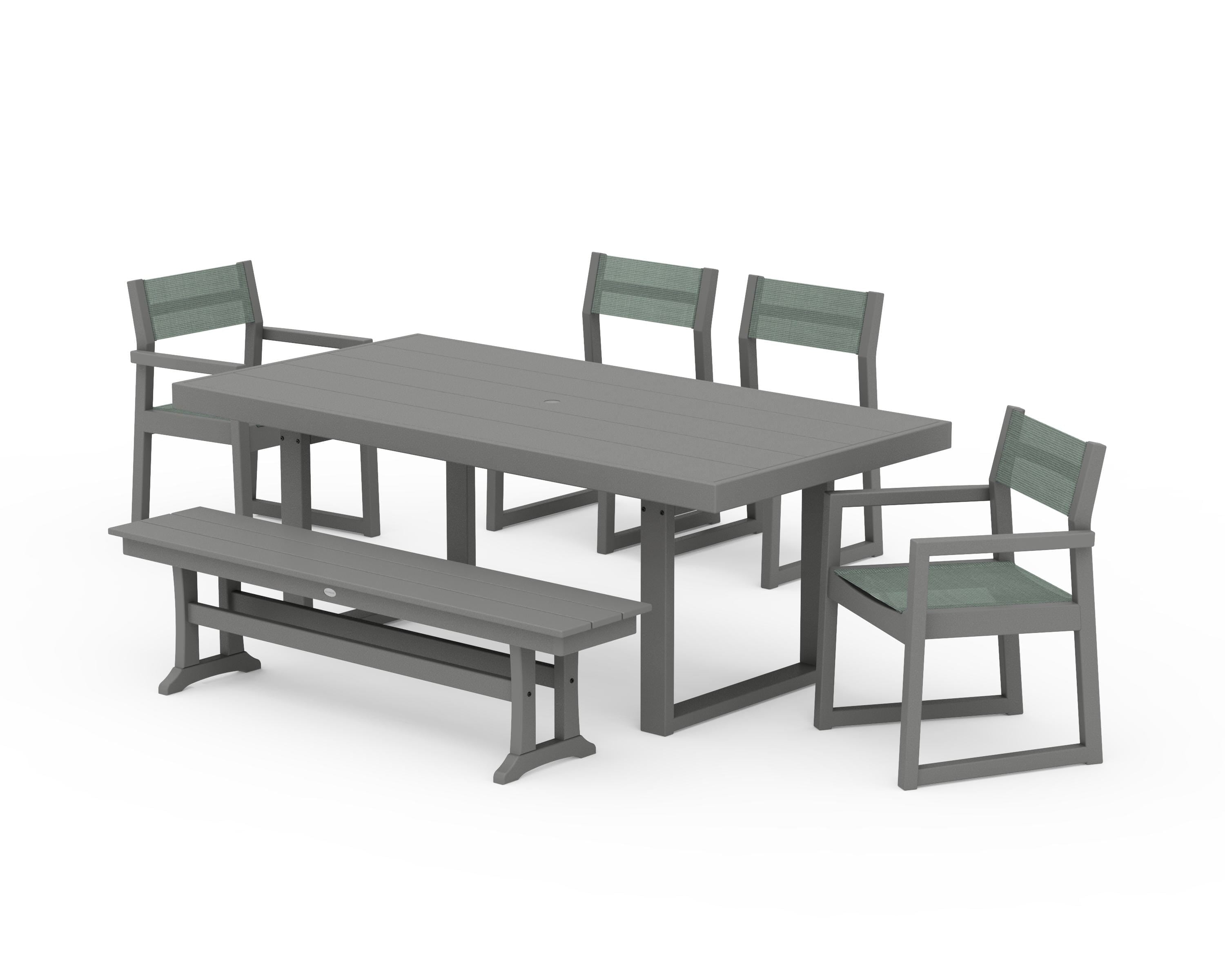POLYWOOD EDGE Sling 6-Piece Dining Set with Bench in Slate Grey / Dupioni Sea Mist Sling