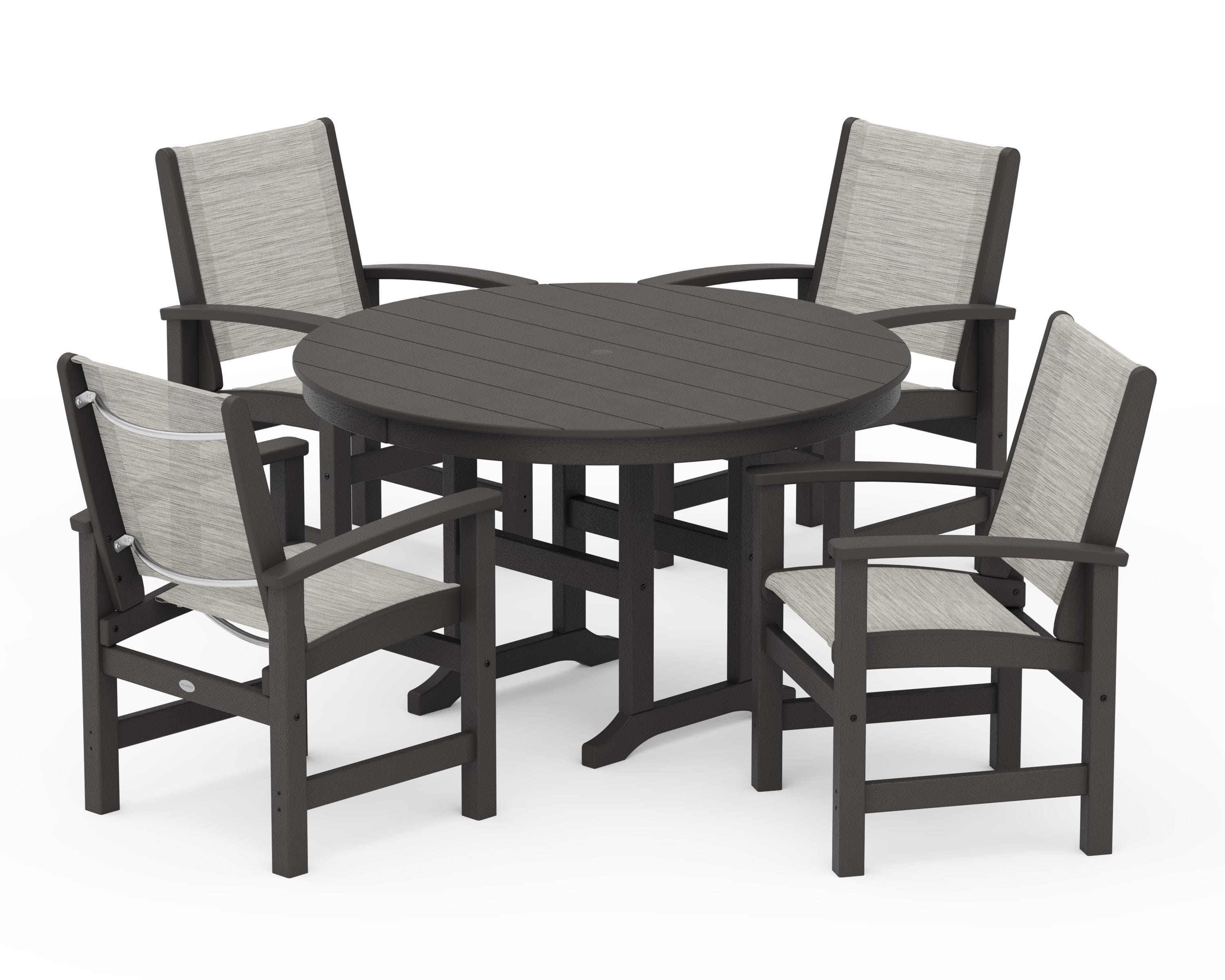POLYWOOD Coastal 5-Piece Round Farmhouse Dining Set in Vintage Coffee / Birch Sling