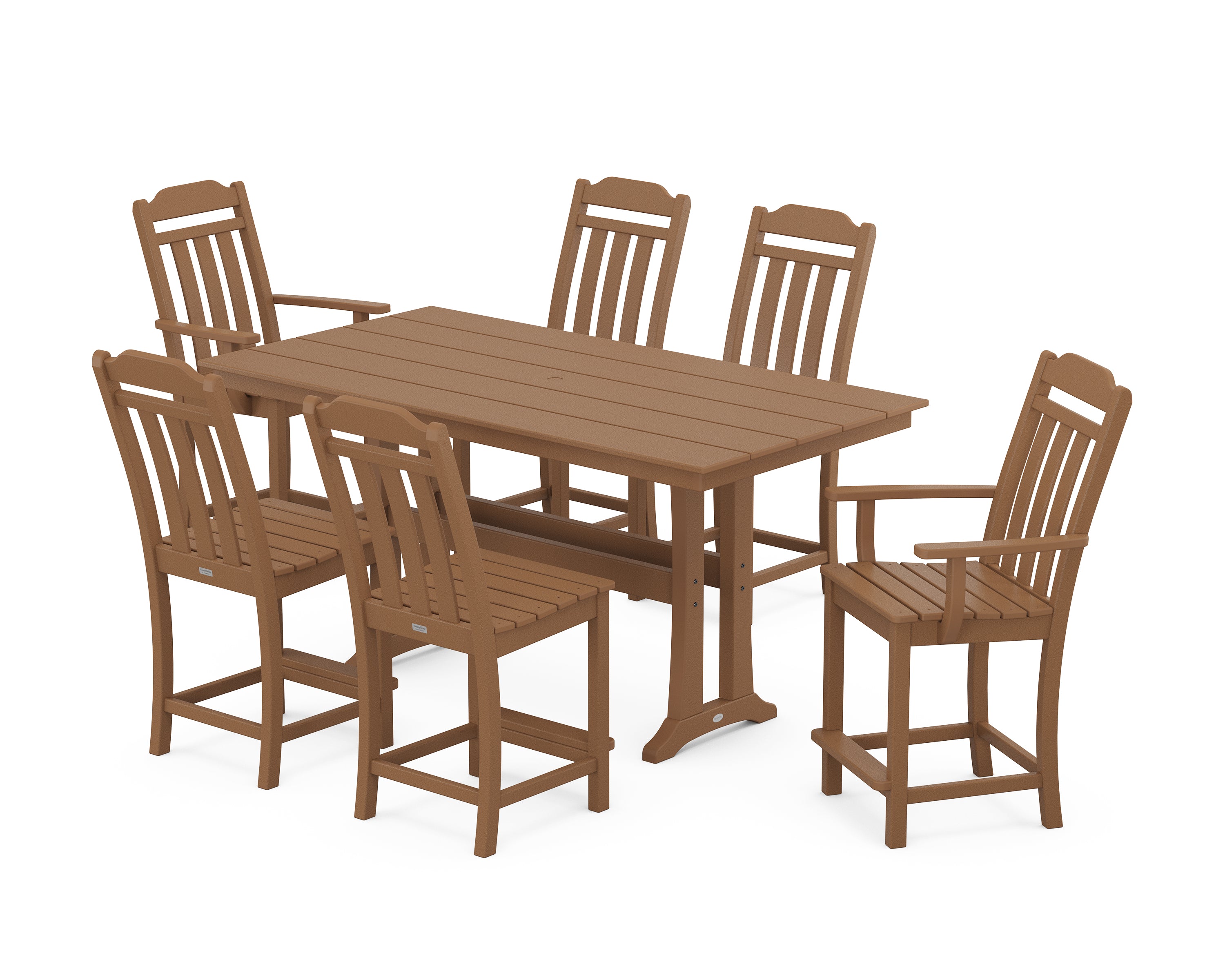 POLYWOOD Country Living 7-Piece Farmhouse Counter Set with Trestle Legs in Teak