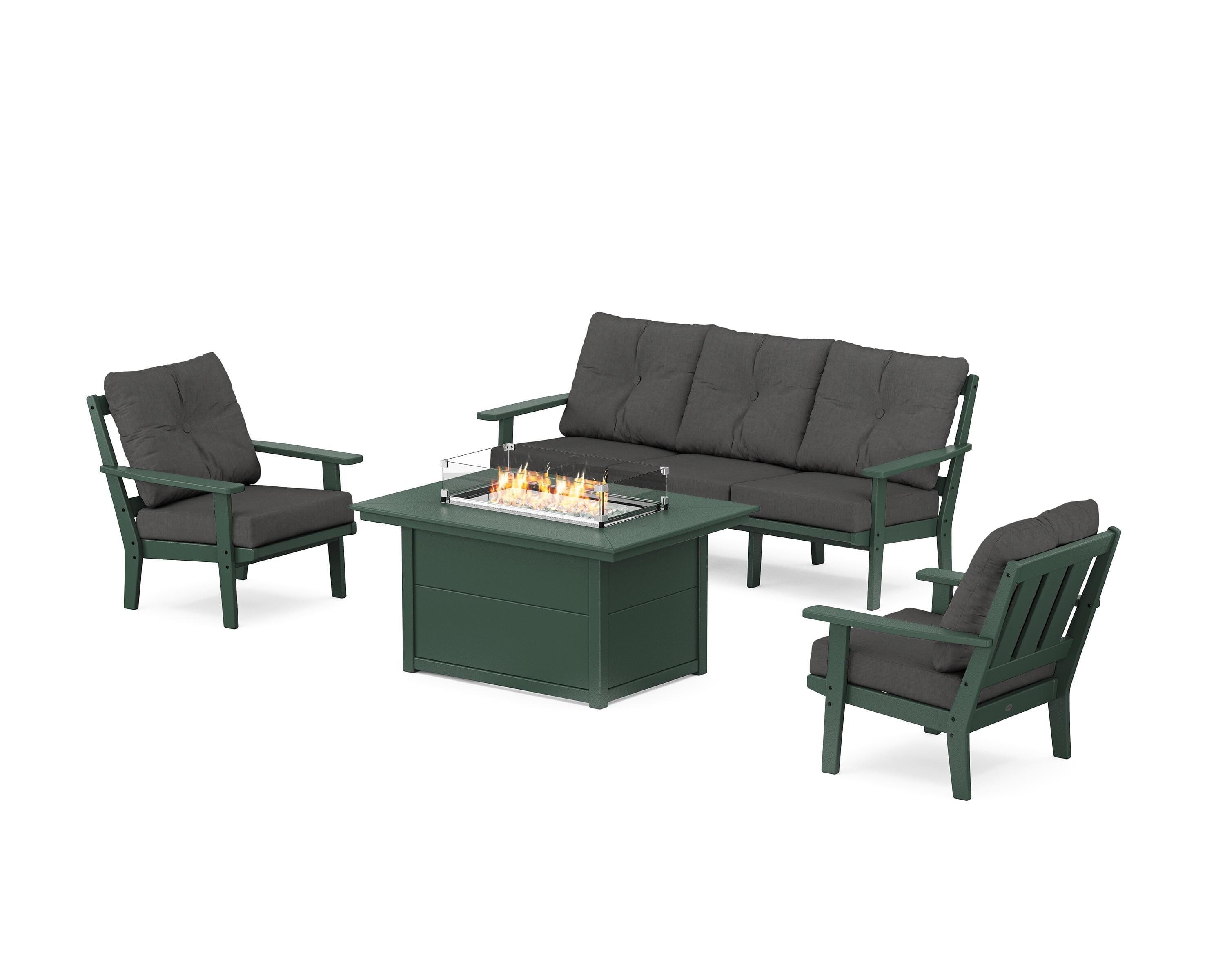 POLYWOOD Oxford Deep Seating Fire Pit Table Set in Green / Spectrum Carbon