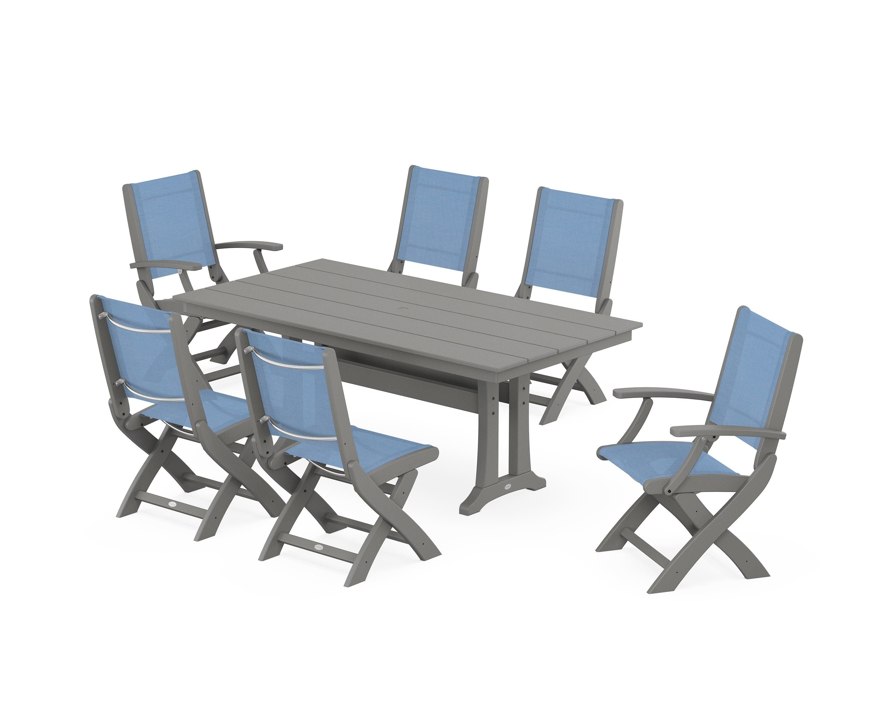 POLYWOOD Coastal Folding Chair 7-Piece Farmhouse Dining Set with Trestle Legs in Slate Grey / Poolside Sling
