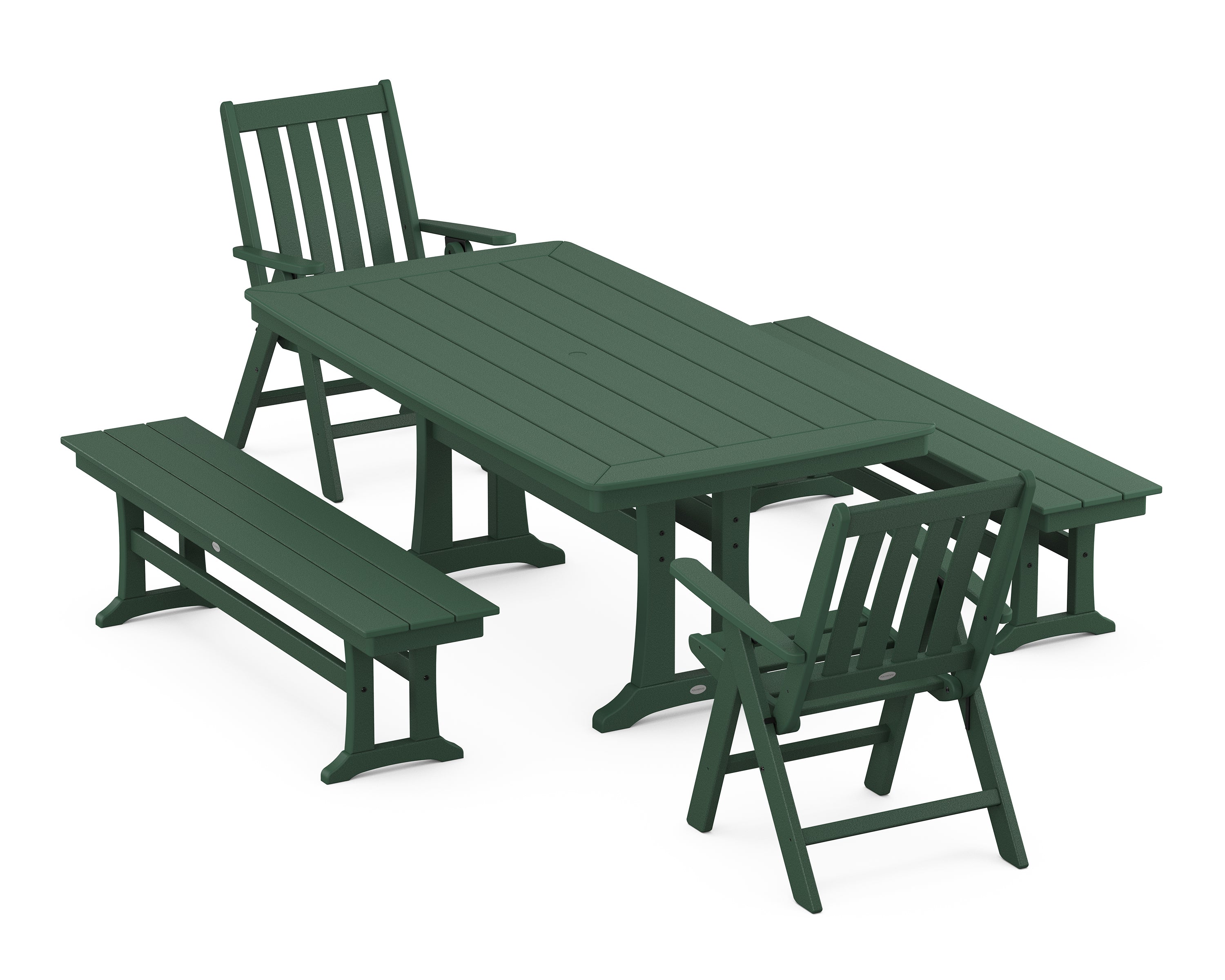 POLYWOOD Vineyard Folding Chair 5-Piece Dining Set with Trestle Legs and Benches in Green