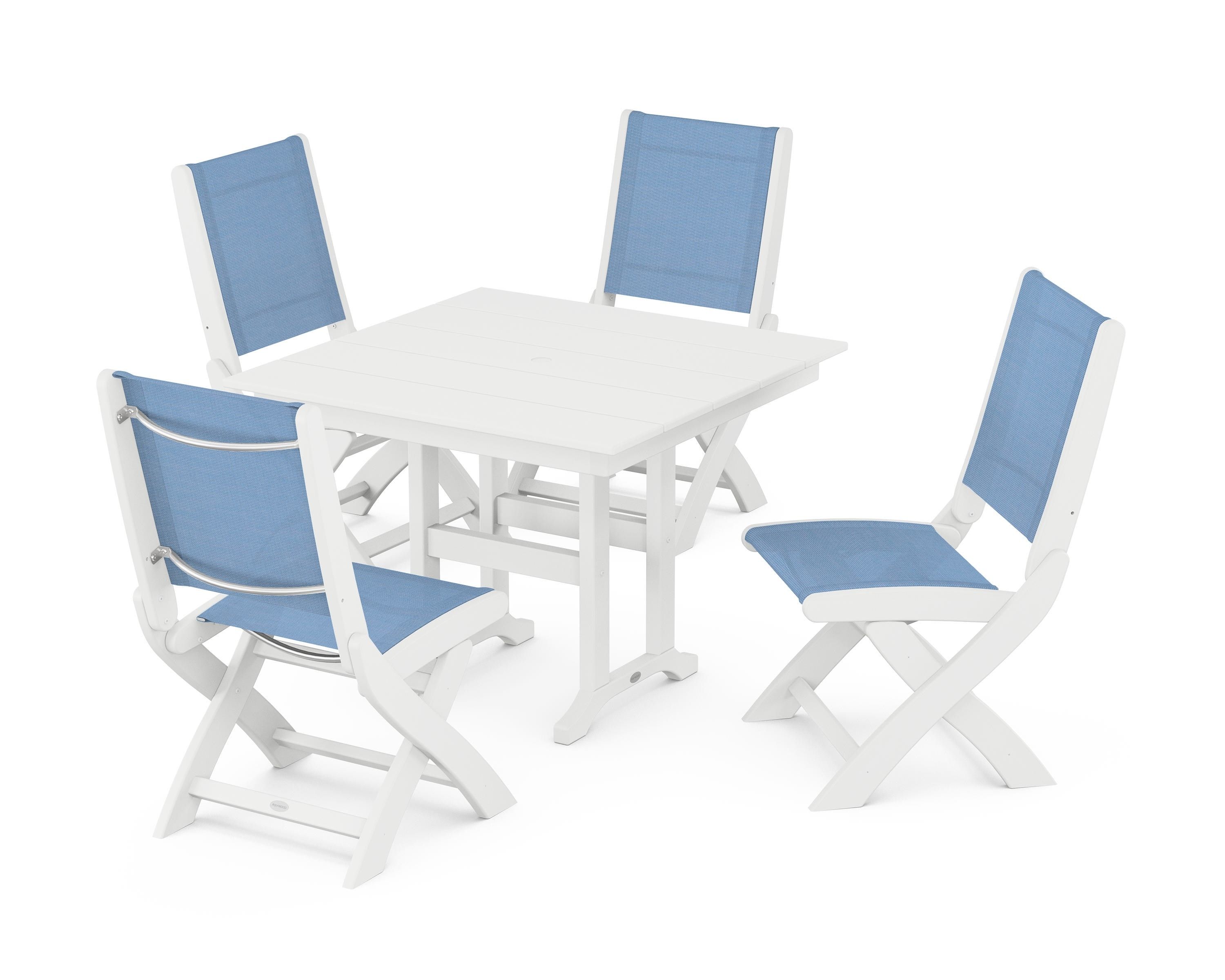 POLYWOOD Coastal Folding Side Chair 5-Piece Farmhouse Dining Set in White / Poolside Sling