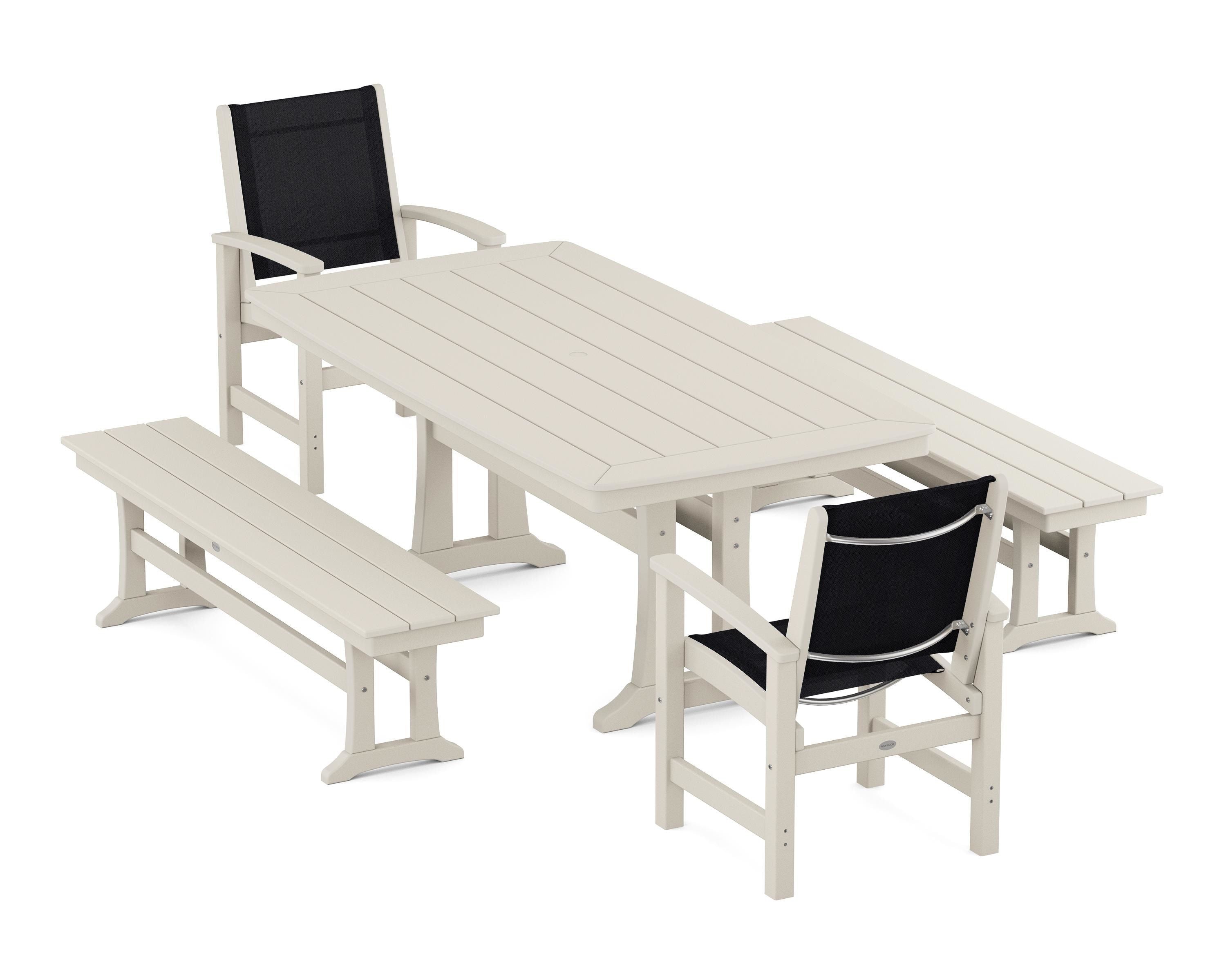 POLYWOOD Coastal 5-Piece Dining Set with Trestle Legs and Benches in Sand / Black Sling