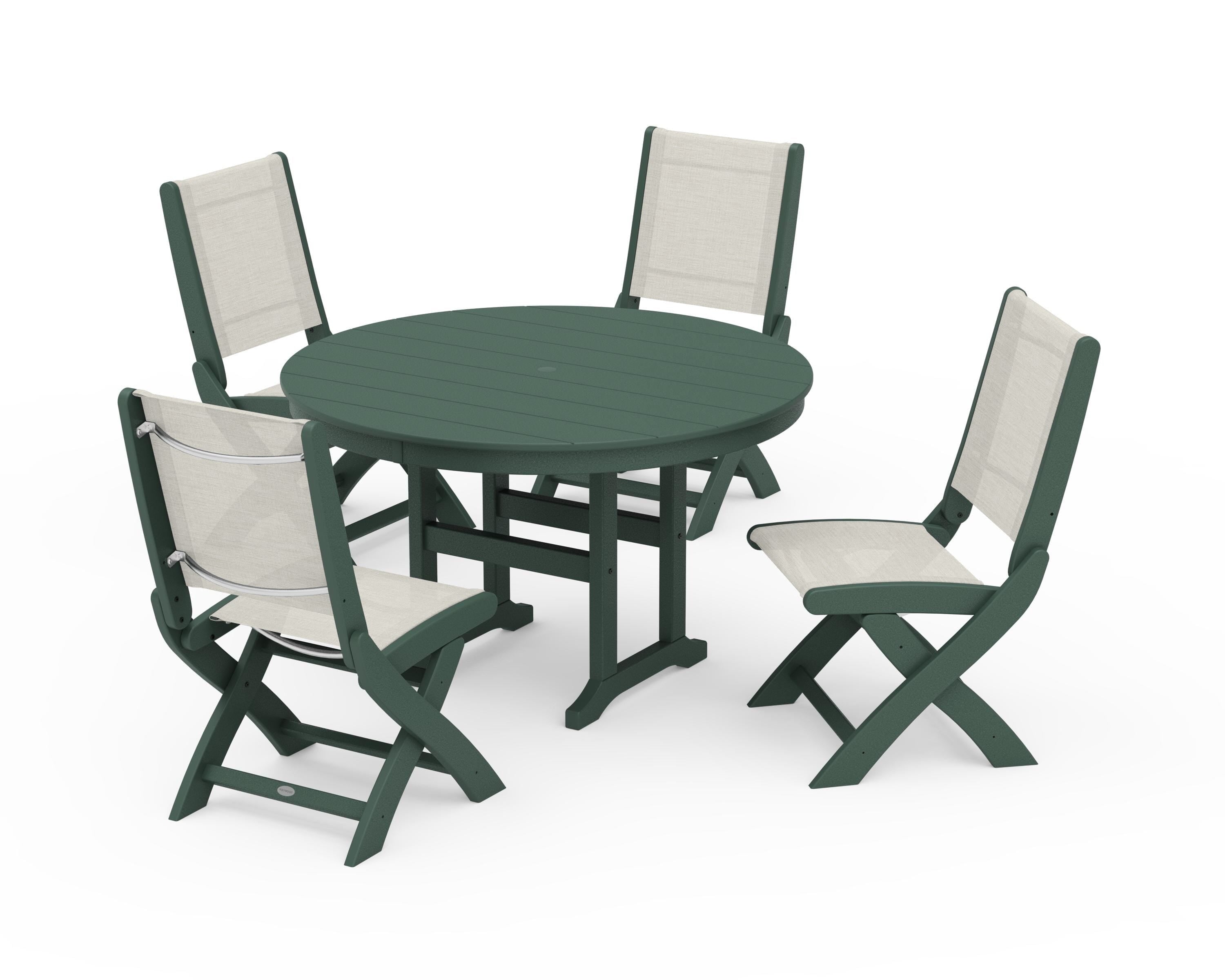 POLYWOOD Coastal Folding Side Chair 5-Piece Round Dining Set in Green / Parchment Sling