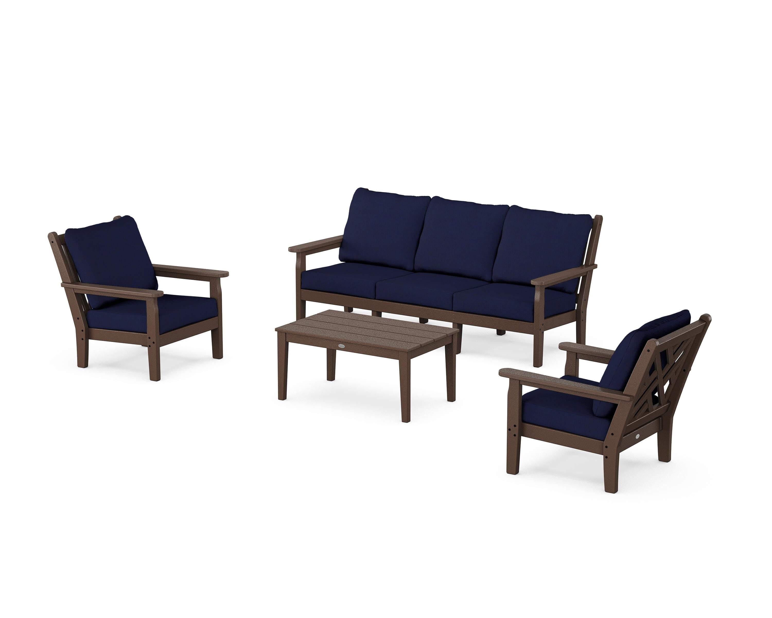 POLYWOOD Chippendale 4-Piece Deep Seating Set with Sofa in Mahogany / Navy