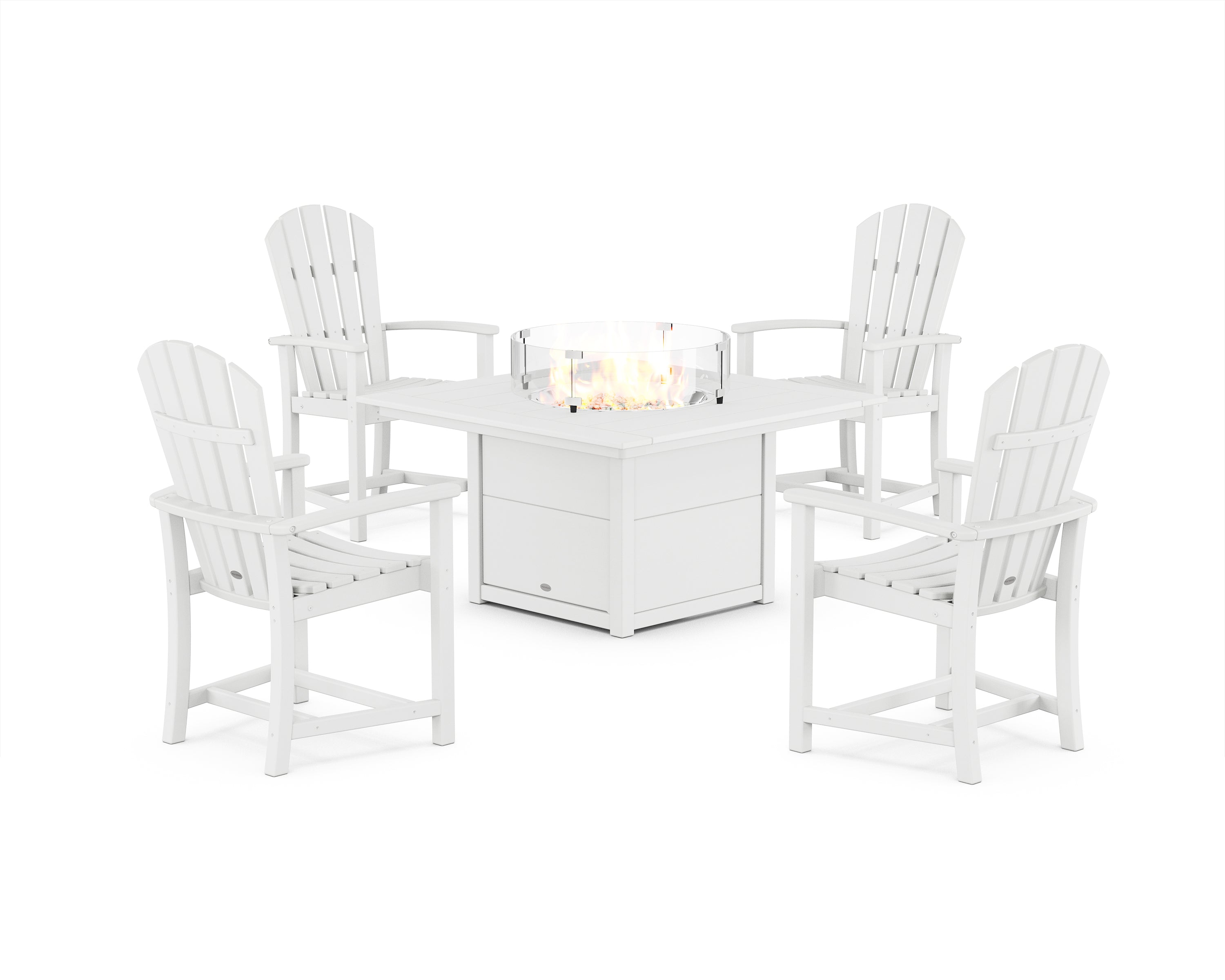 POLYWOOD Palm Coast 4-Piece Upright Adirondack Conversation Set with Fire Pit Table in White