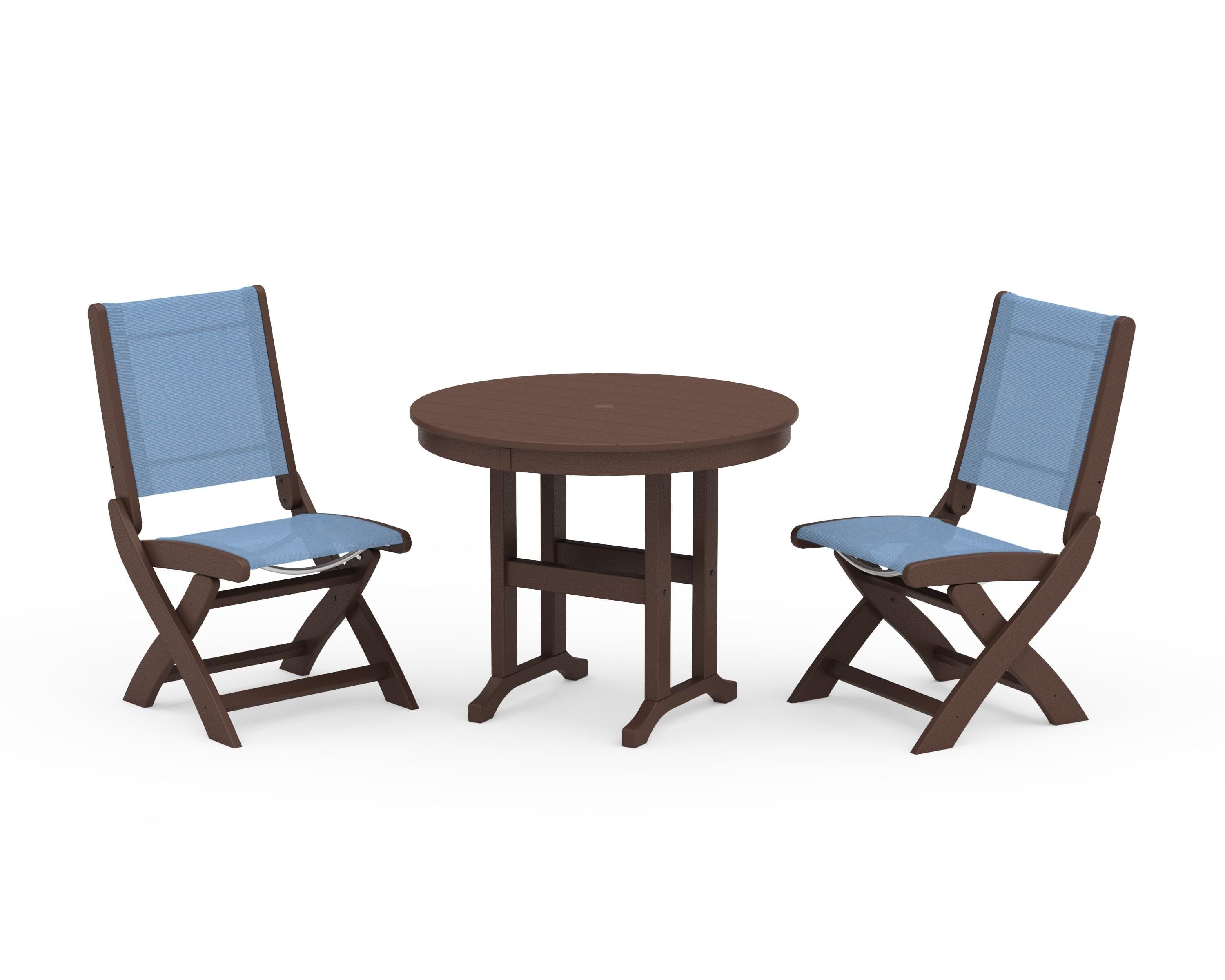 POLYWOOD Coastal Folding Side Chair 3-Piece Round Dining Set in Mahogany / Poolside Sling