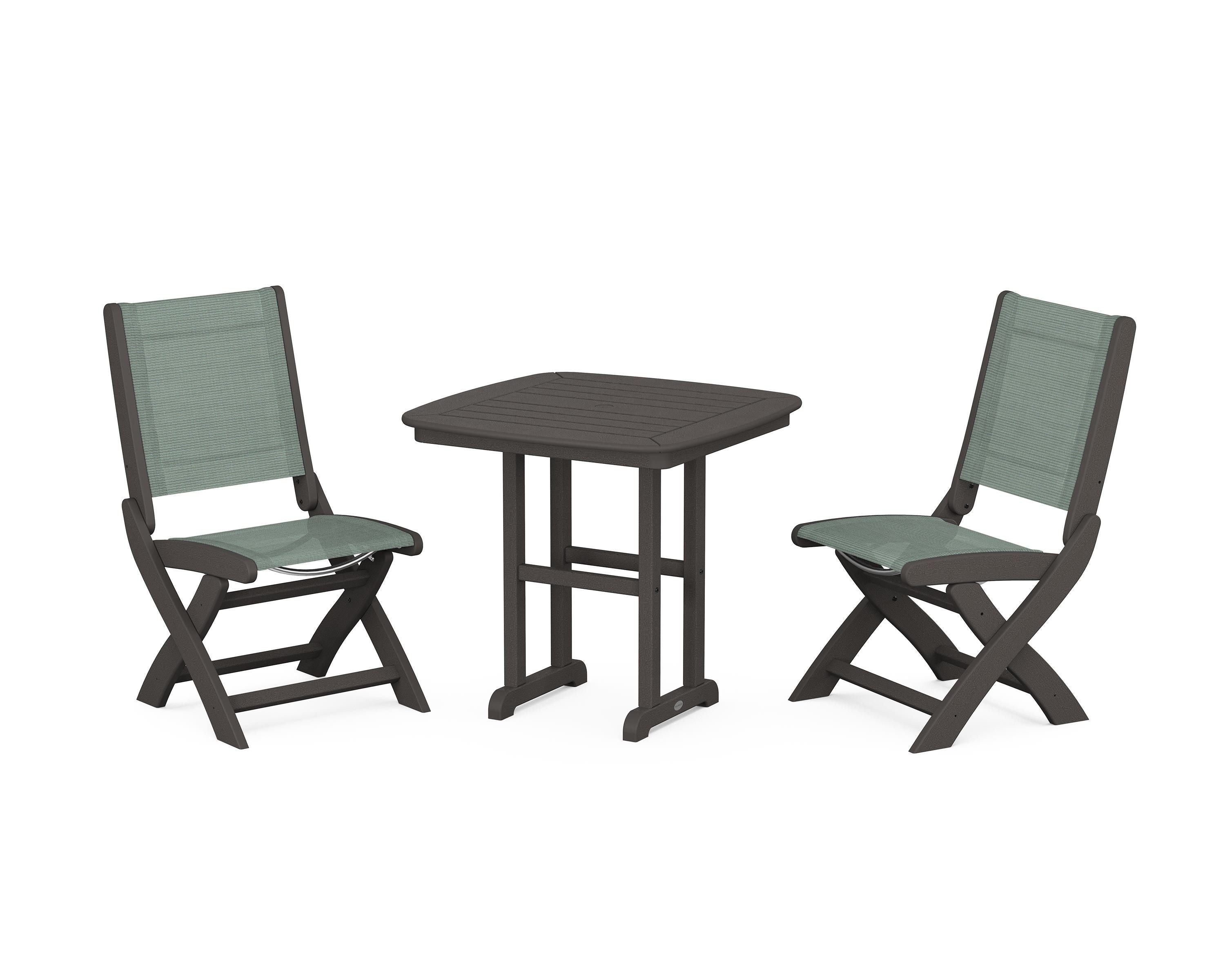 POLYWOOD Coastal Folding Side Chair 3-Piece Dining Set in Vintage Coffee / Dupioni Sea Mist Sling