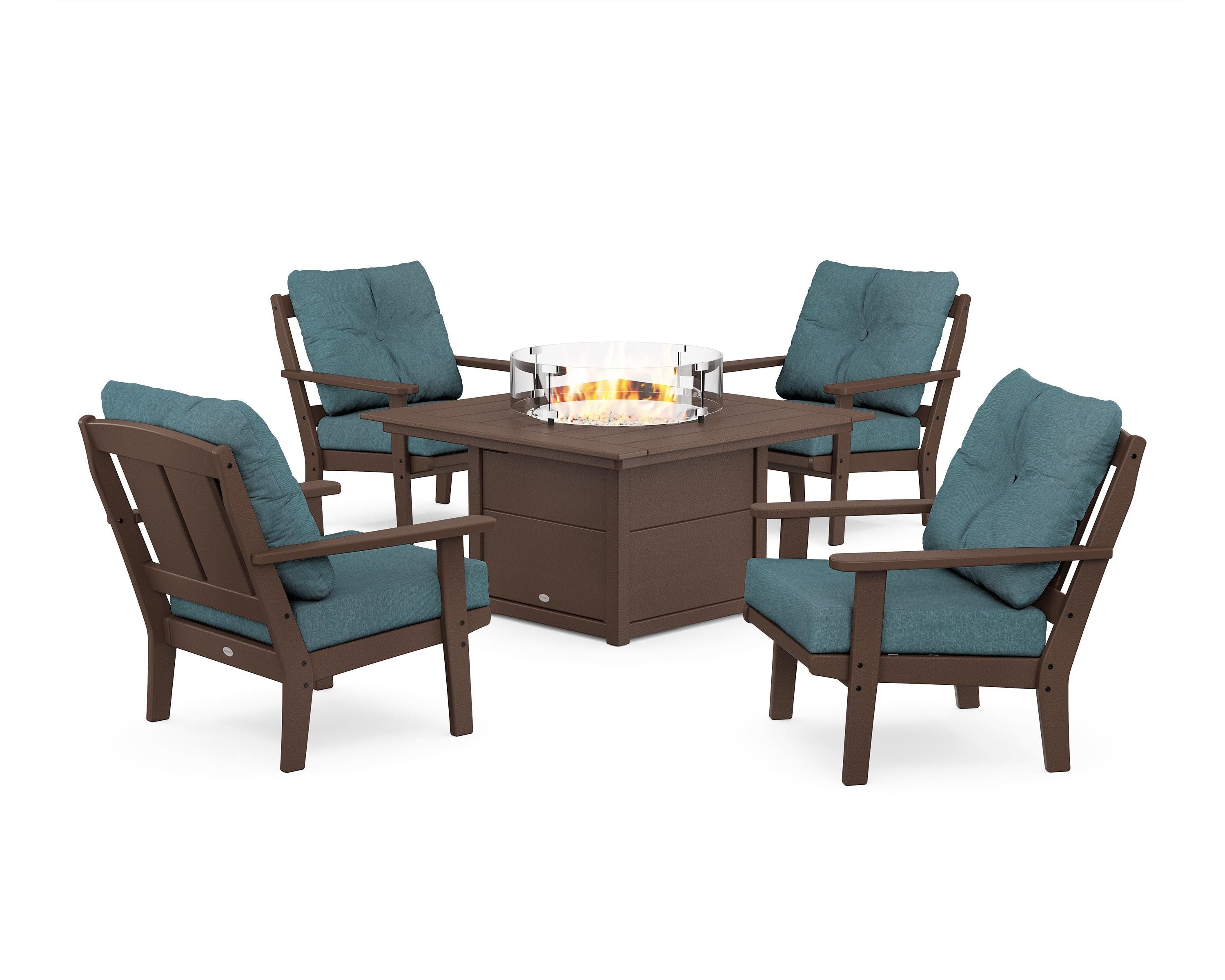 POLYWOOD Mission 5-Piece Deep Seating Set with Fire Pit Table in Mahogany / Ocean Teal