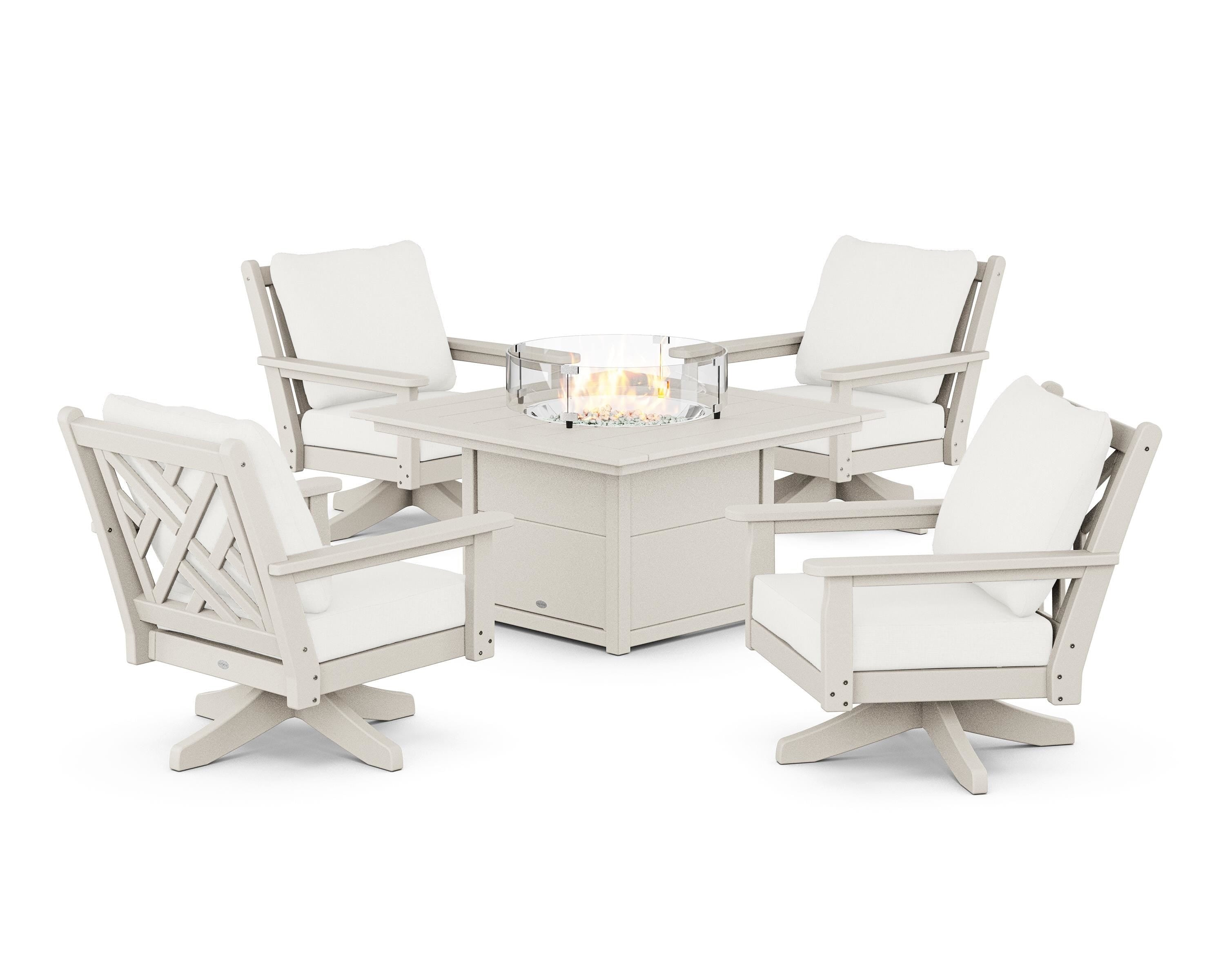 POLYWOOD Chippendale 5-Piece Deep Seating Swivel Conversation Set with Fire Pit Table in Sand / Natural Linen