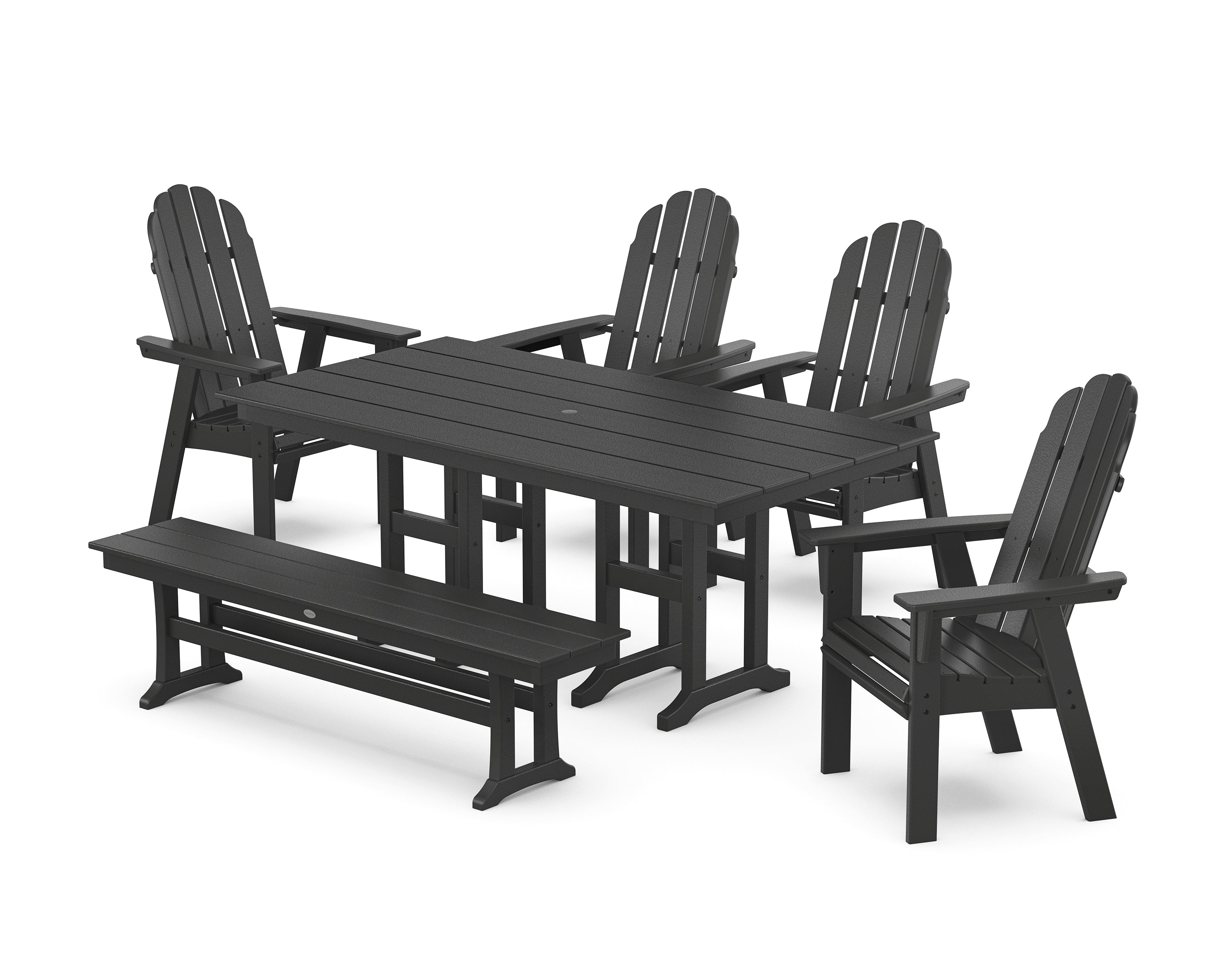 POLYWOOD Vineyard Curveback Adirondack Chair 6-Piece Farmhouse Dining Set with Bench in Black