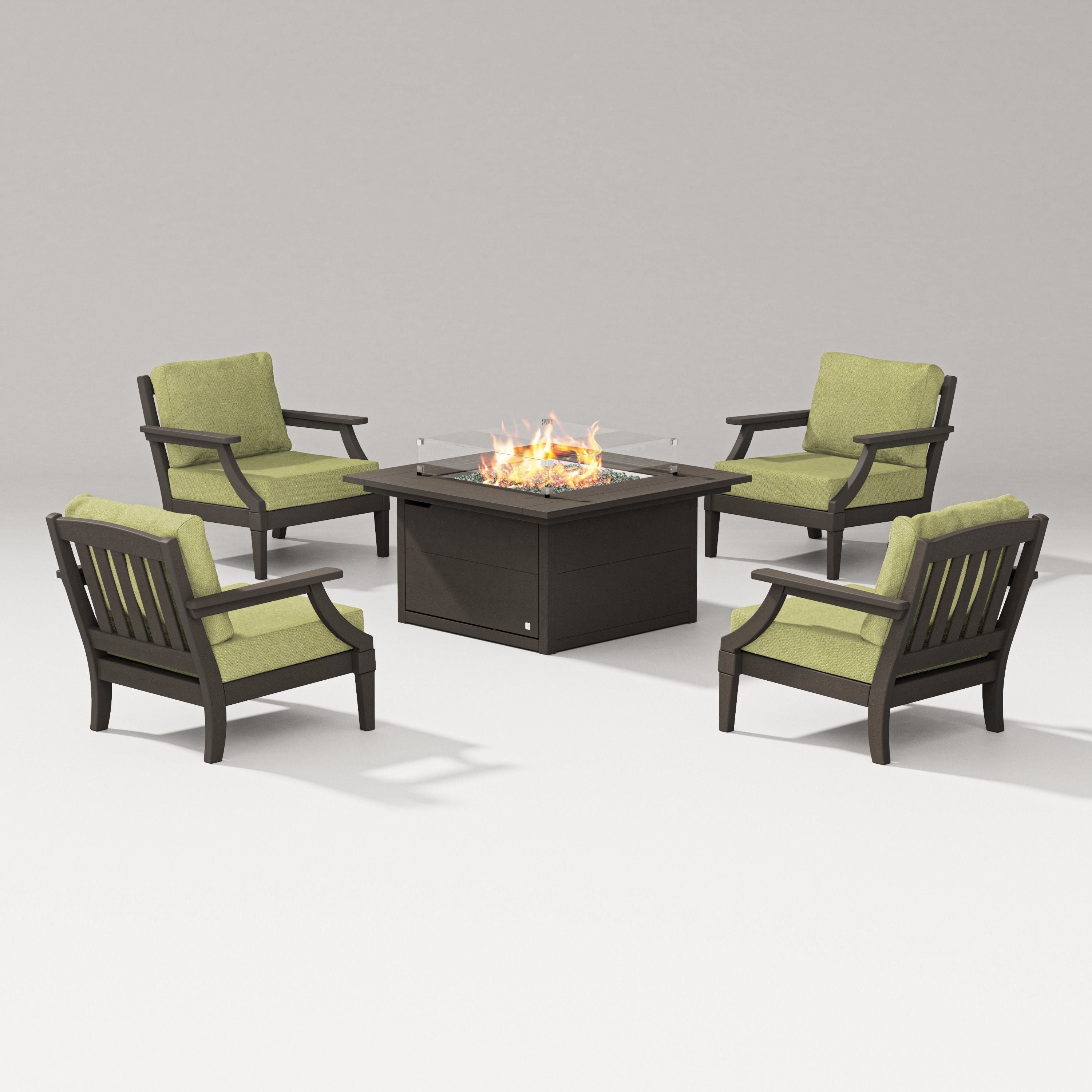 PW Designer Series Estate 5-Piece Lounge Fire Table Set in Vintage Coffee / Chartreuse Boucle