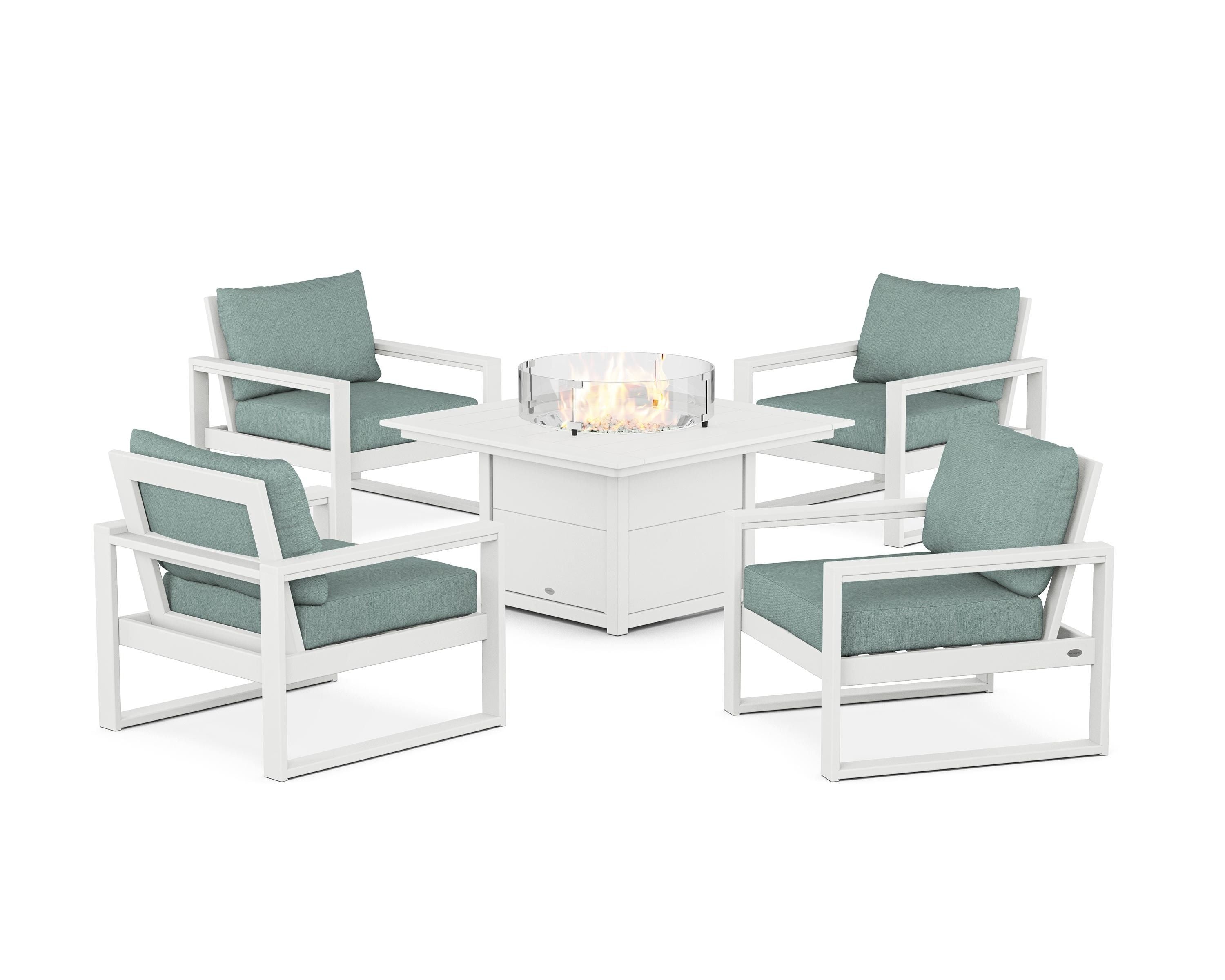 POLYWOOD EDGE Sectional 5-Piece Deep Seating Set with Fire Pit Table in White / Glacier Spa
