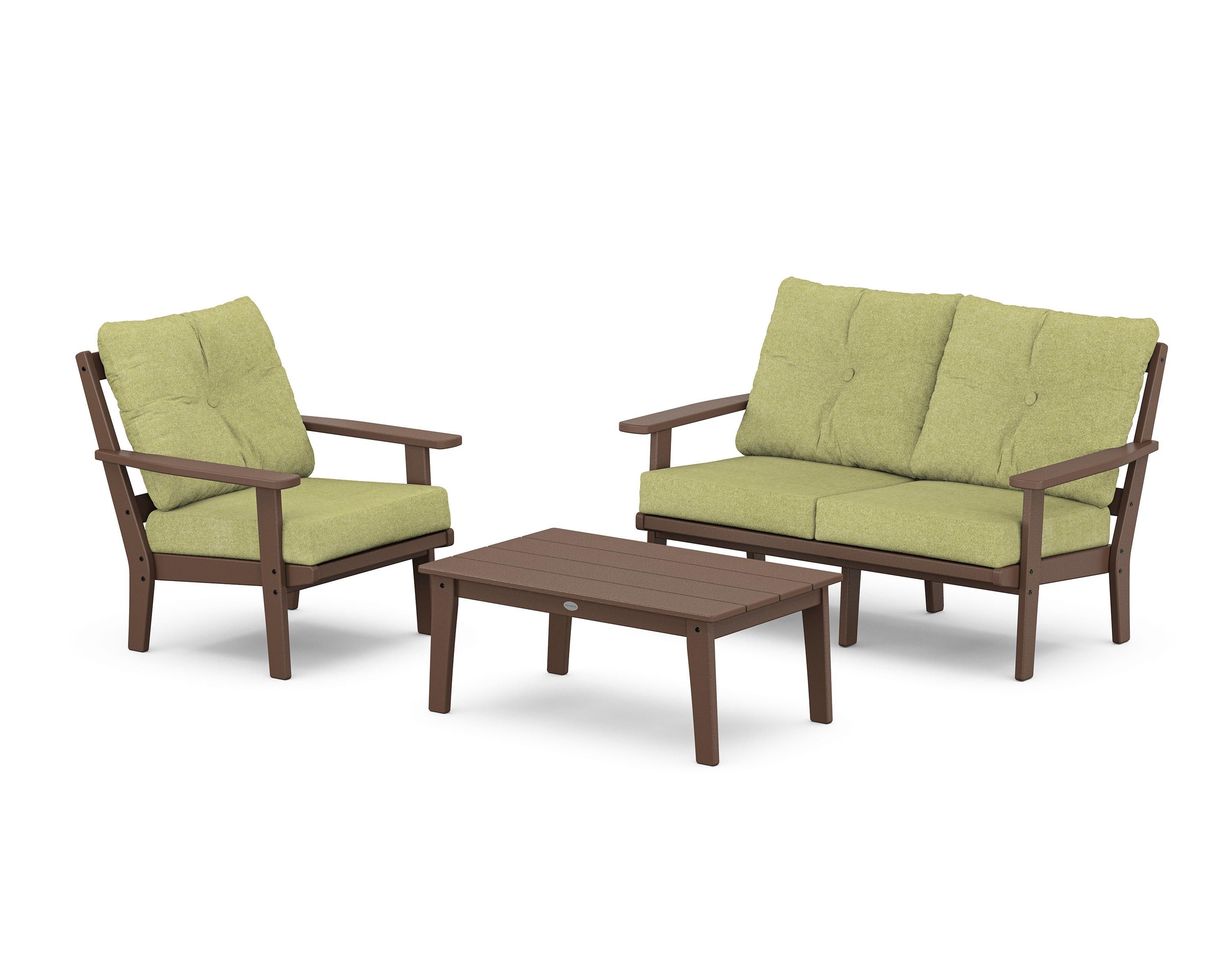 POLYWOOD Oxford 3-Piece Deep Seating Set with Loveseat in Mahogany / Chartreuse Boucle