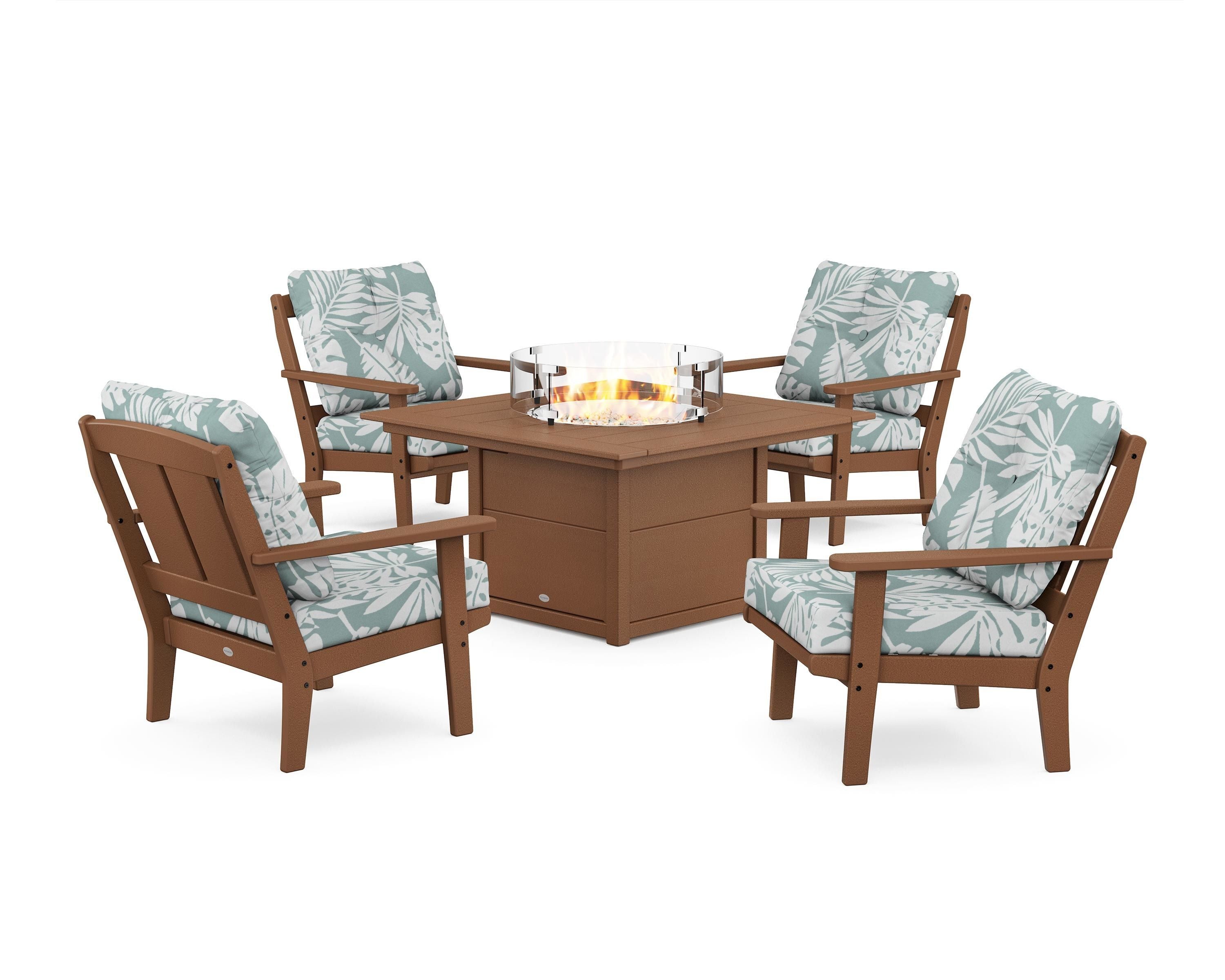 POLYWOOD Mission 5-Piece Deep Seating Set with Fire Pit Table in Teak / Leaf Glacier Spa
