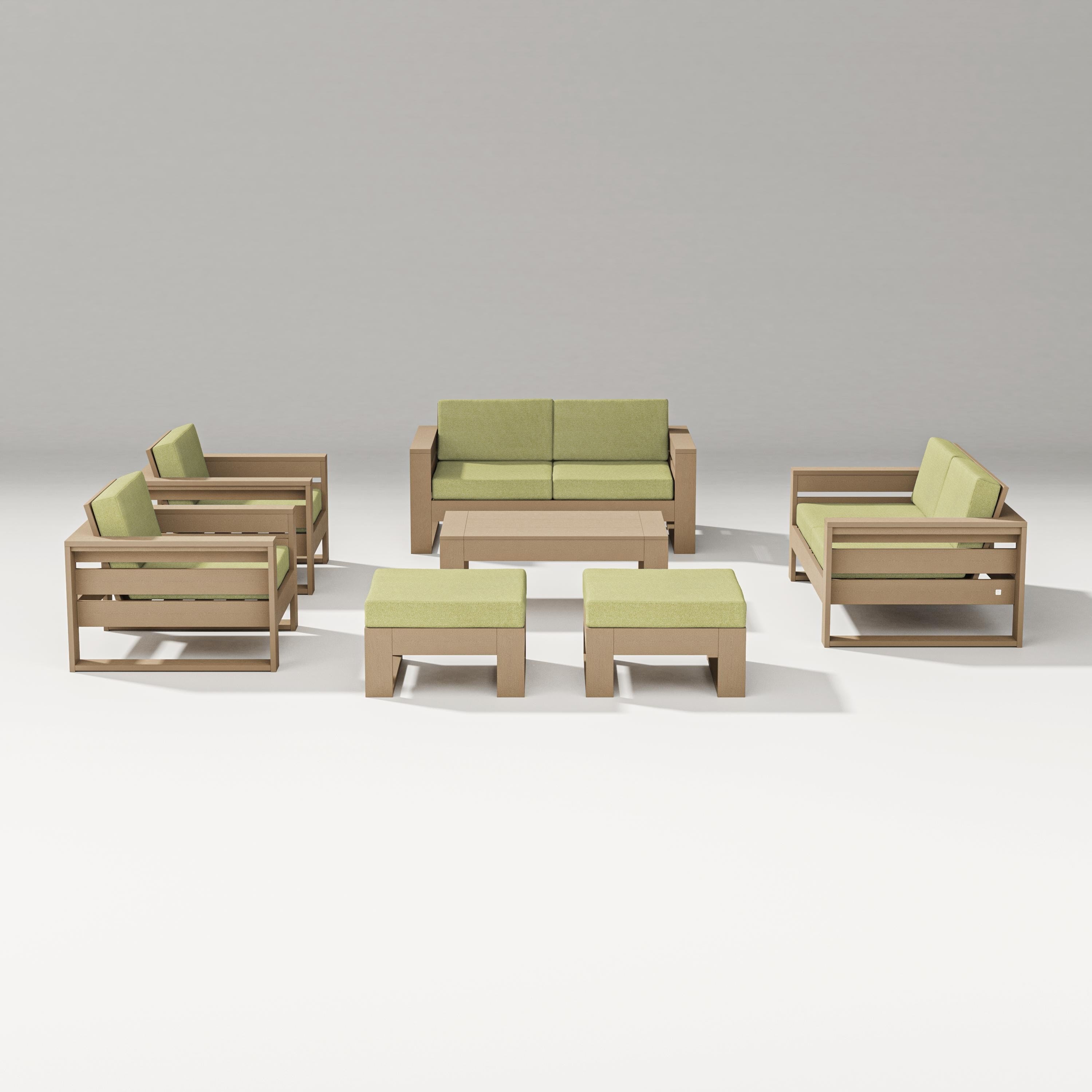 PW Designer Series Latitude 7-Piece Lounge Loveseat Set in Vintage Sahara / Chartreuse Boucle