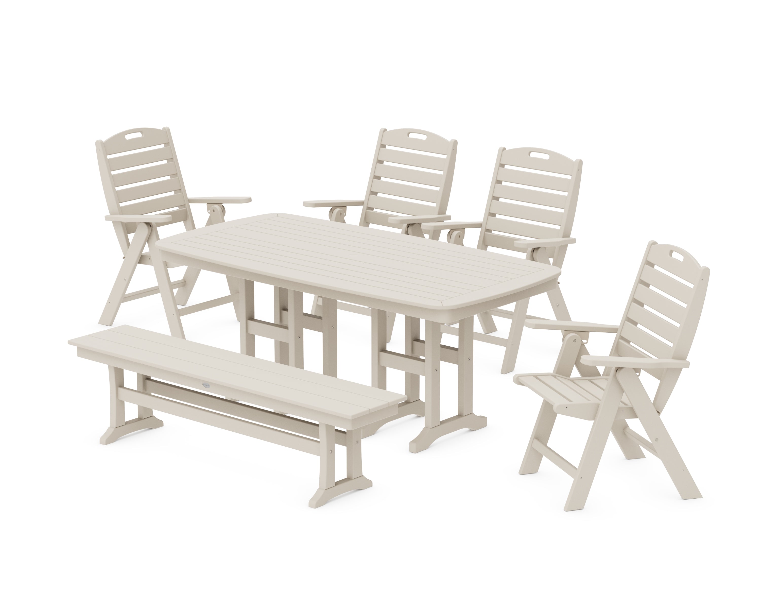 POLYWOOD Nautical Highback 6-Piece Dining Set with Bench in Sand