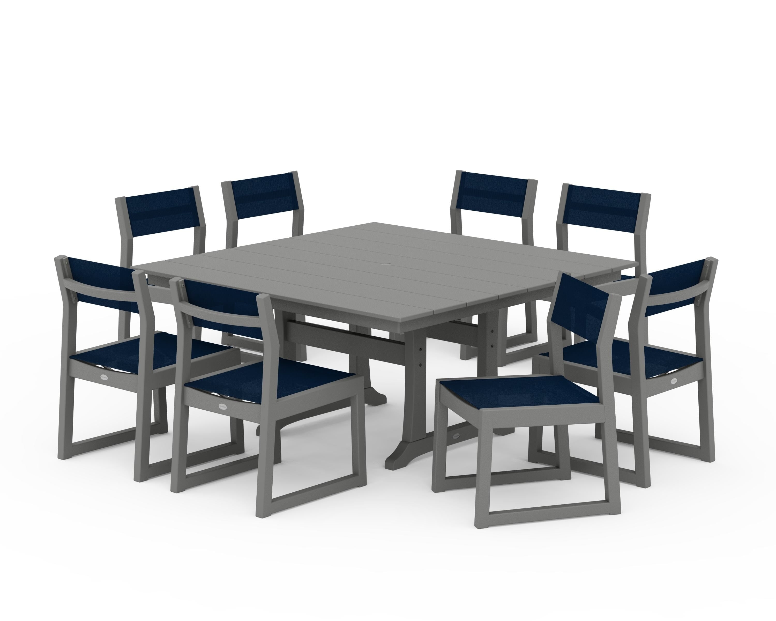 POLYWOOD EDGE Sling Side Chair 9-Piece Farmhouse Trestle Dining Set in Slate Grey / Navy Blue Sling