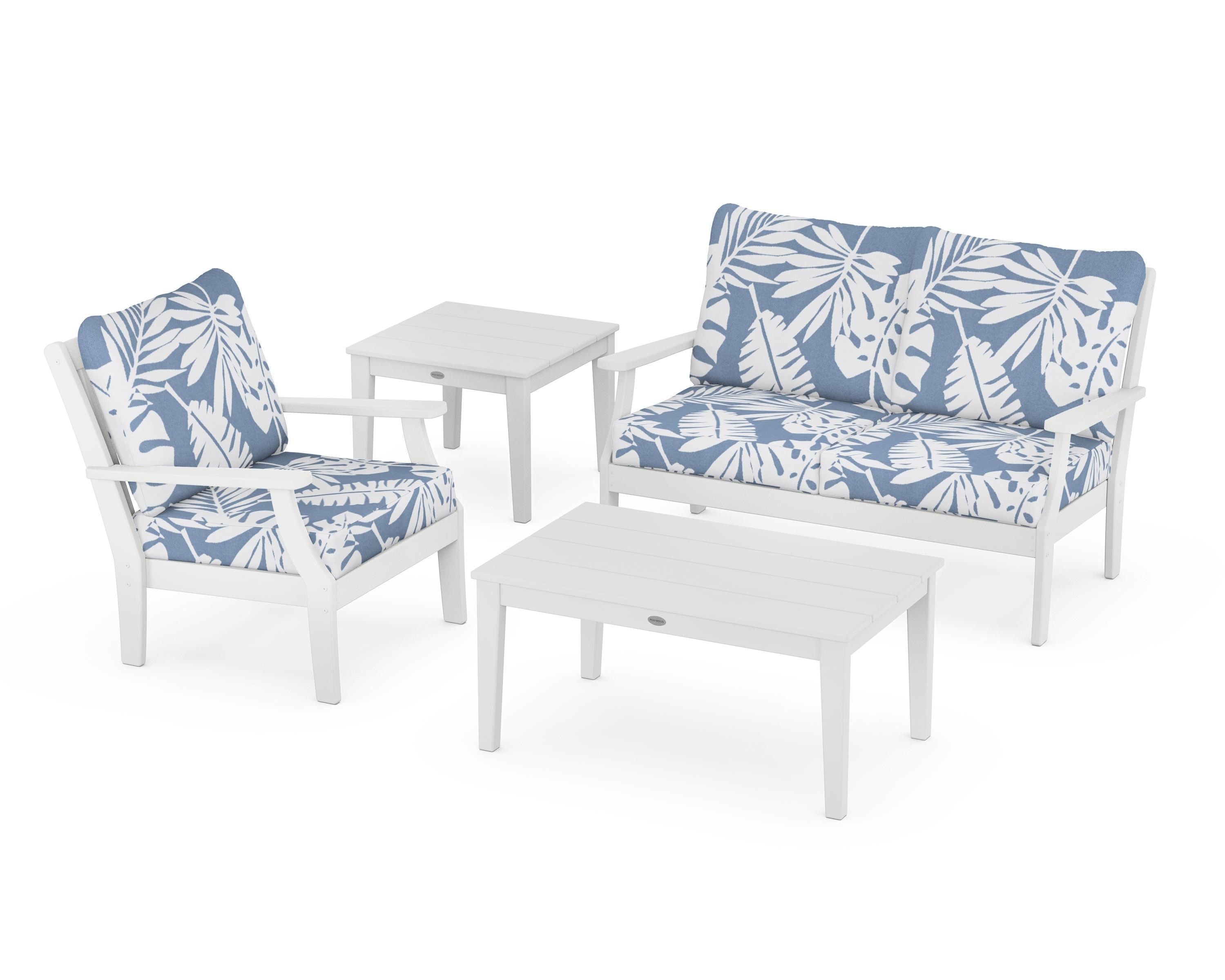 POLYWOOD Braxton 4-Piece Deep Seating Set in White / Leaf Sky Blue