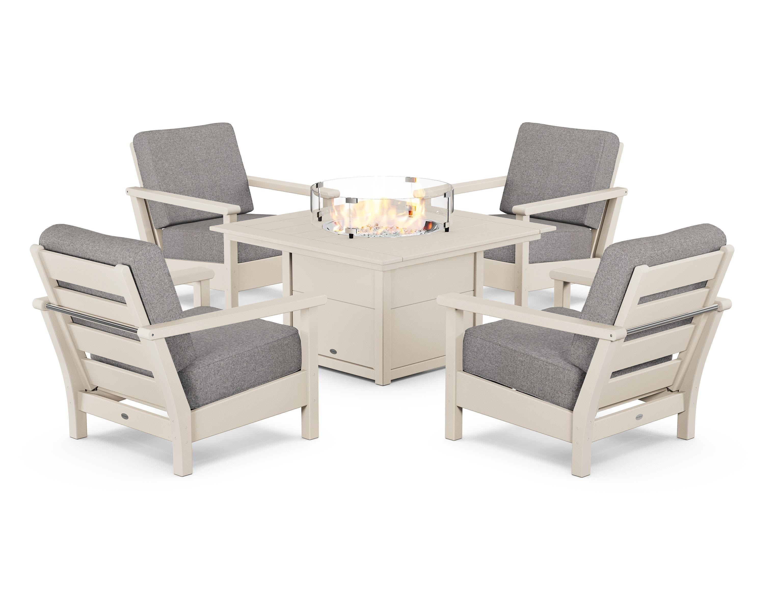 POLYWOOD Harbour 5-Piece Conversation Set with Fire Pit Table in Sand / Grey Mist