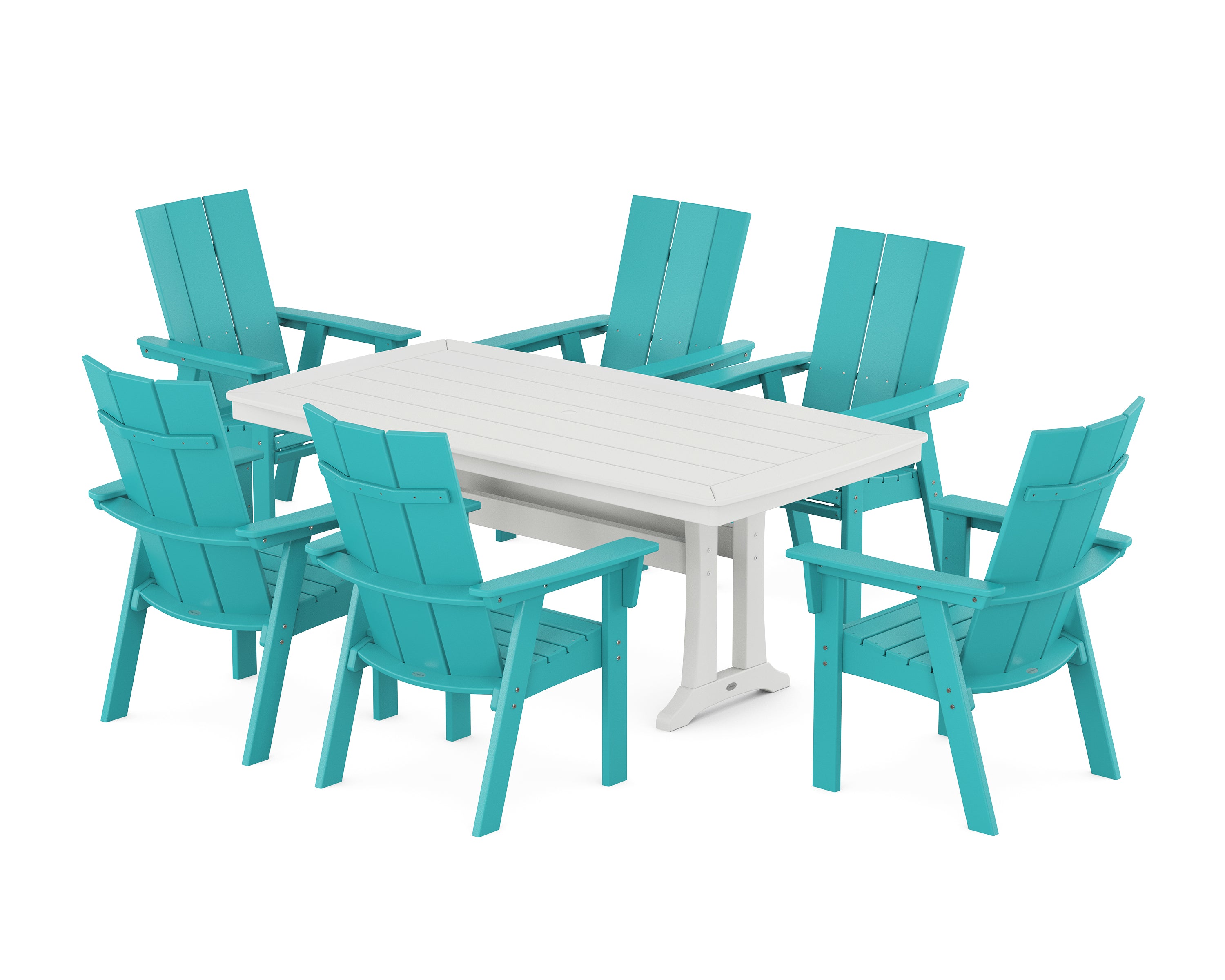POLYWOOD Modern Curveback Adirondack 7-Piece Dining Set with Trestle Legs in Aruba / White
