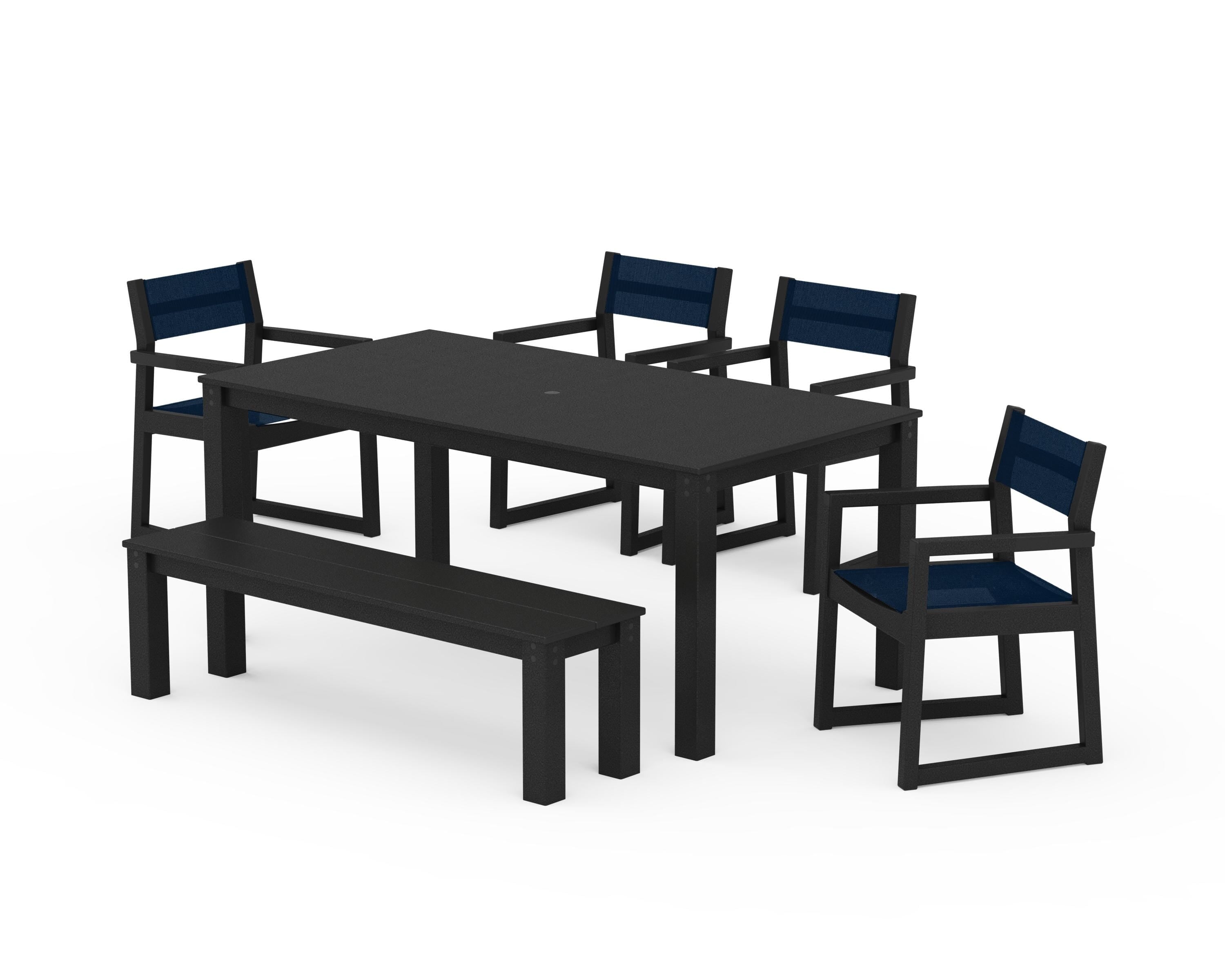 POLYWOOD EDGE Sling Arm Chair 6-Piece Parsons Dining Set with Bench in Black / Navy Blue Sling