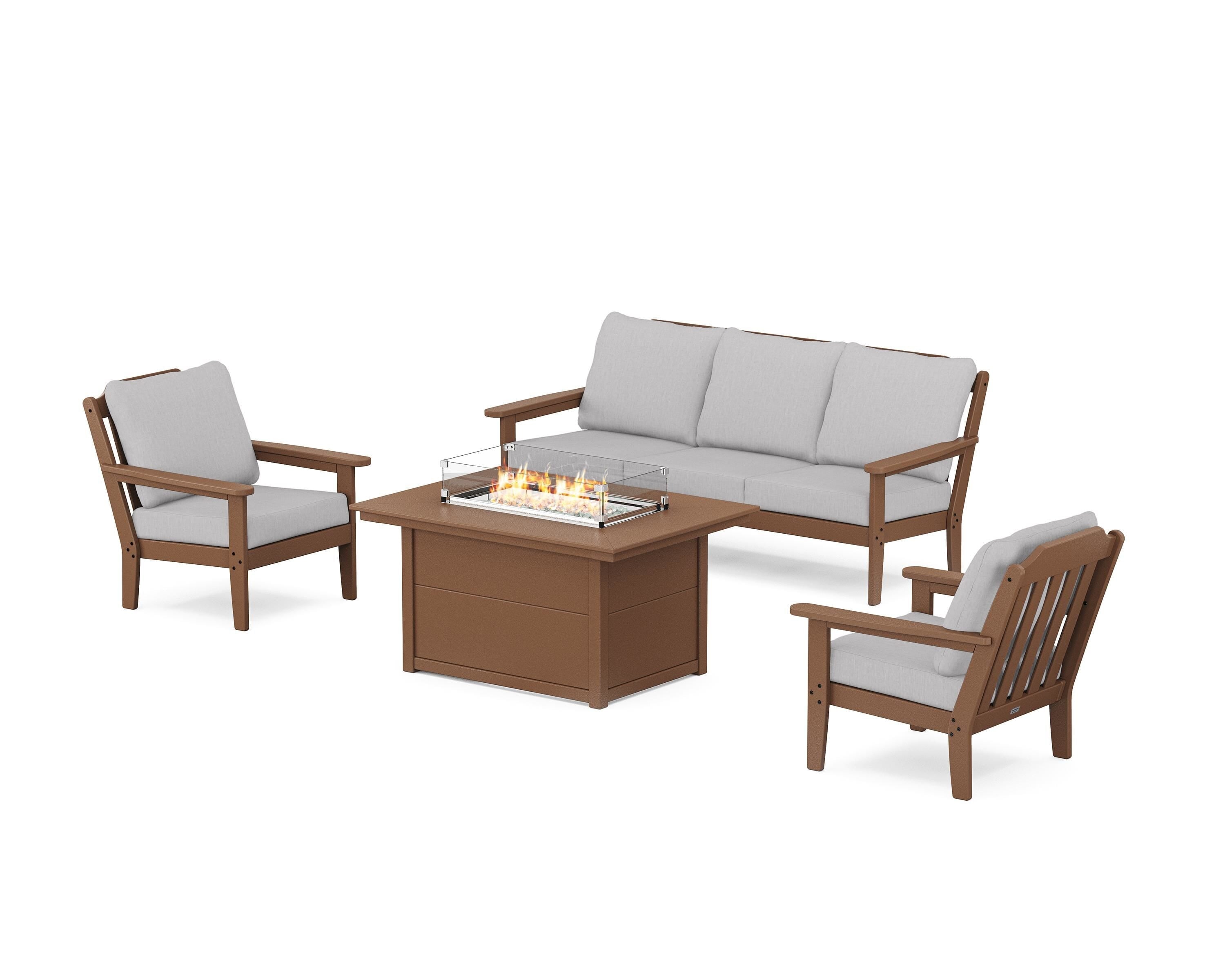 Country Living Cottage Deep Seating Fire Pit Table Set in Teak / Granite