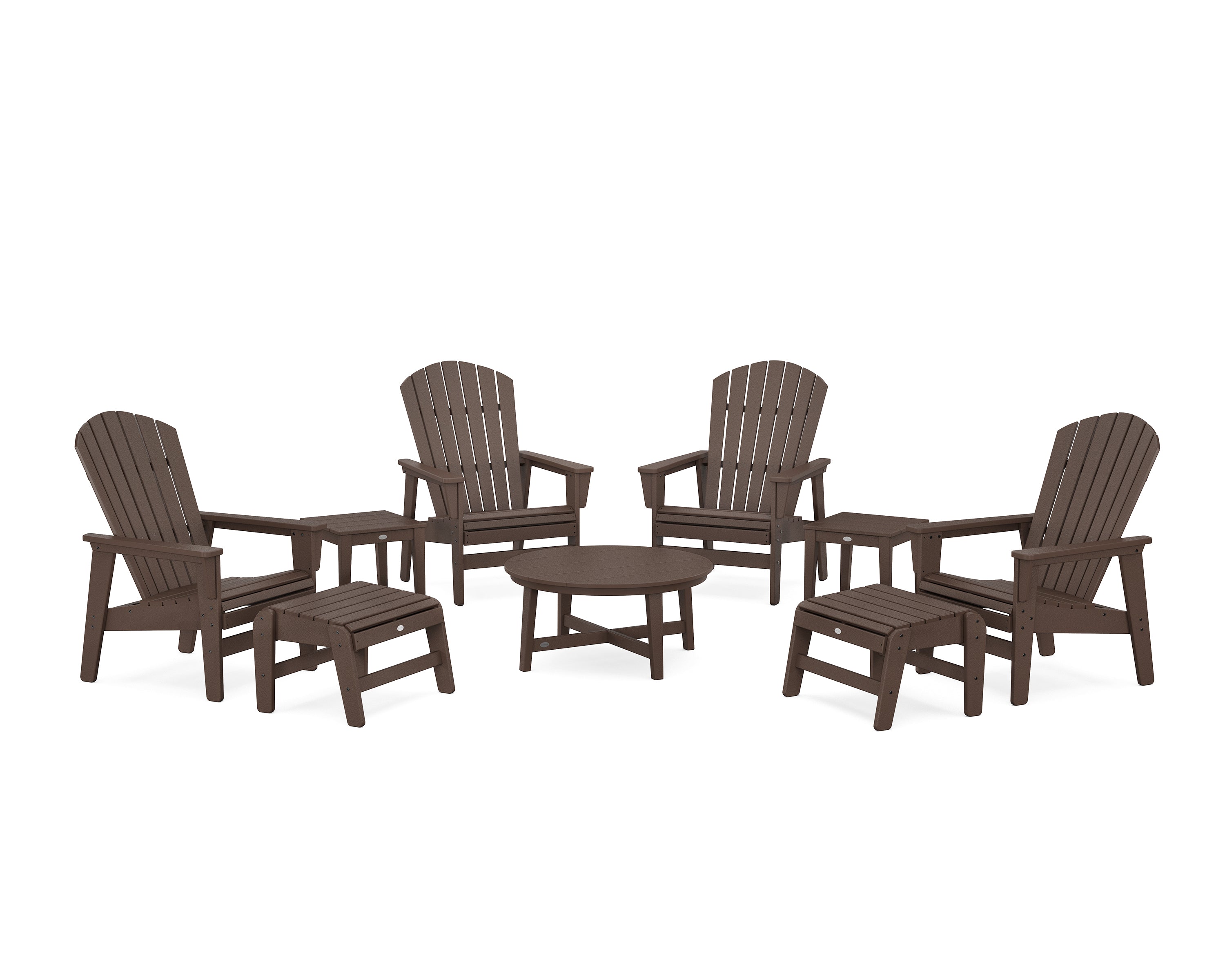 POLYWOOD® Nautical Grand Upright Adirondack 9-Piece Conversation Set in Mahogany