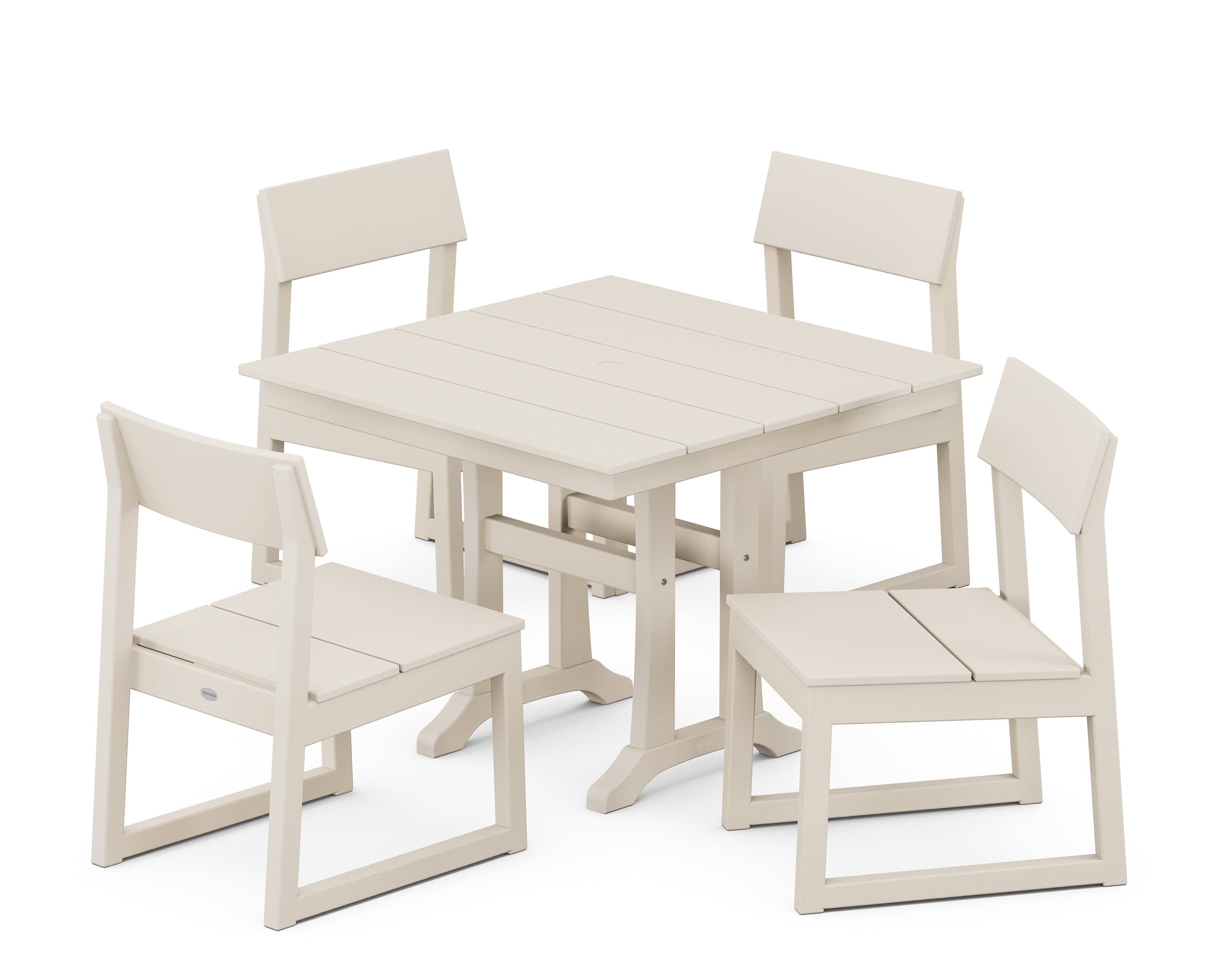 POLYWOOD EDGE 5-Piece Farmhouse Trestle Side Chair Dining Set in Sand