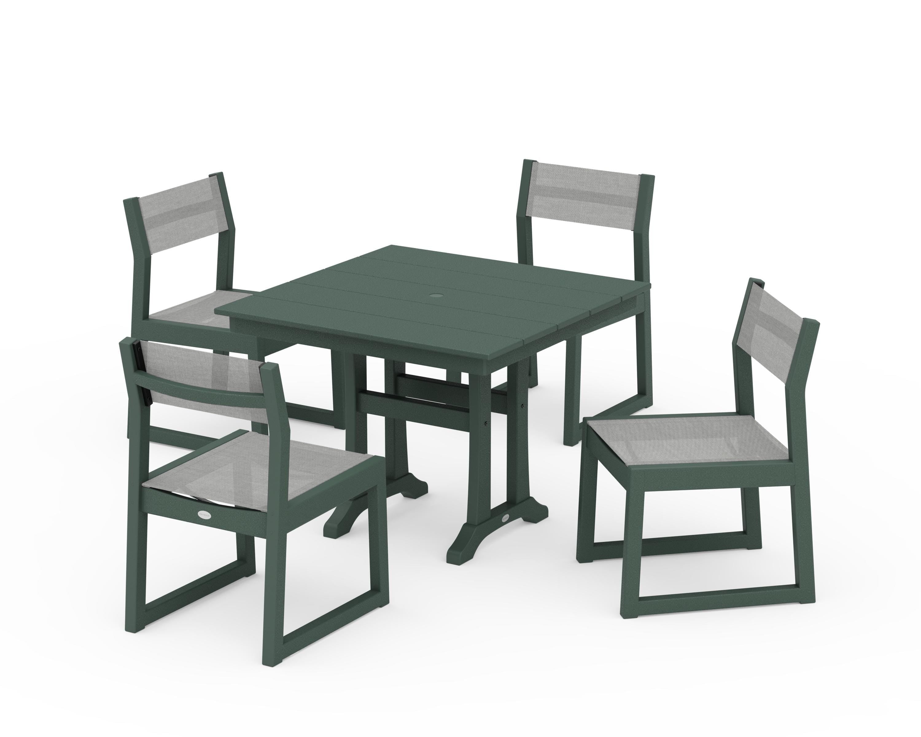 POLYWOOD EDGE Sling 5-Piece Farmhouse Trestle Side Chair Dining Set in Green / Metallic Sling