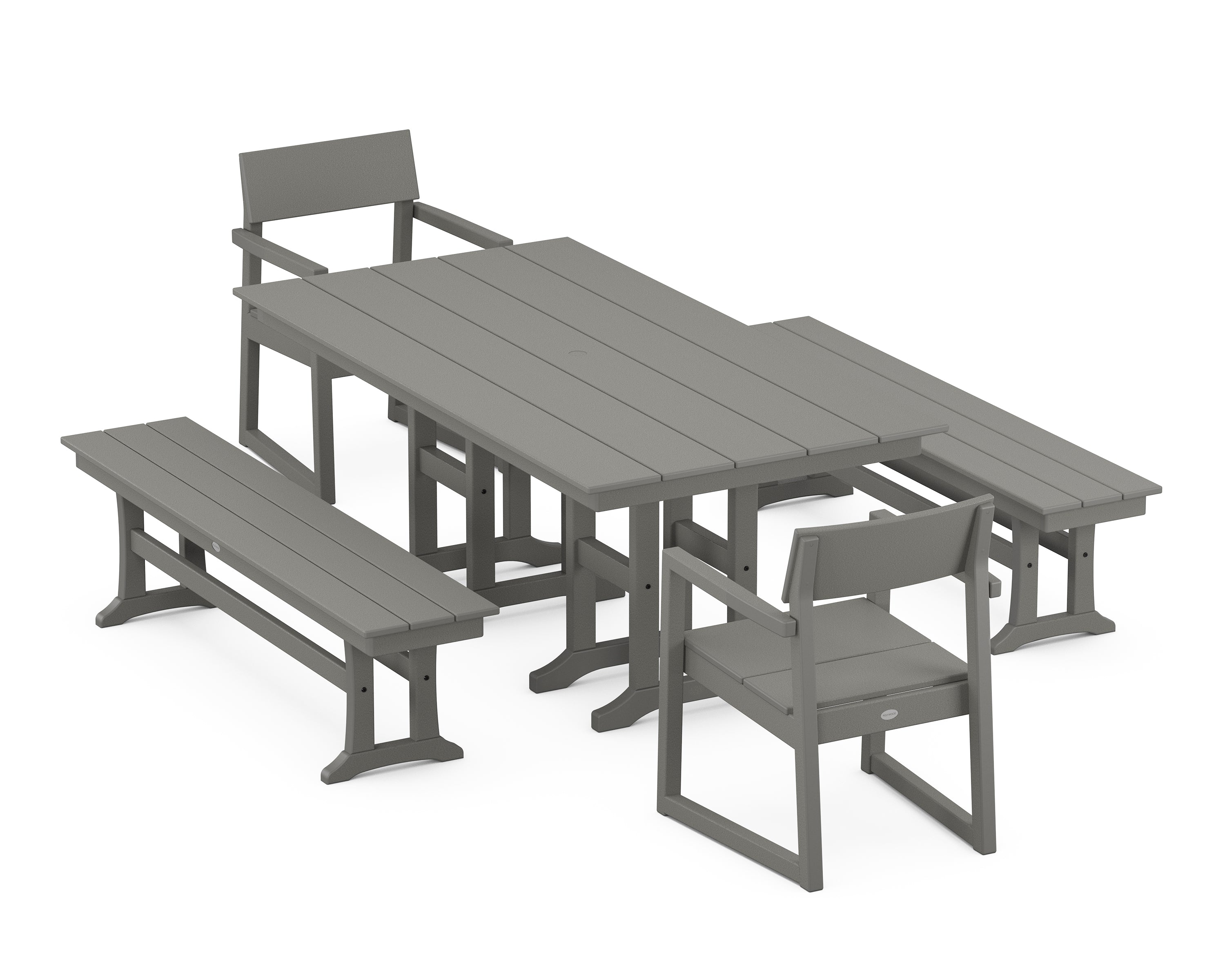 POLYWOOD EDGE 5-Piece Farmhouse Dining Set with Benches in Slate Grey
