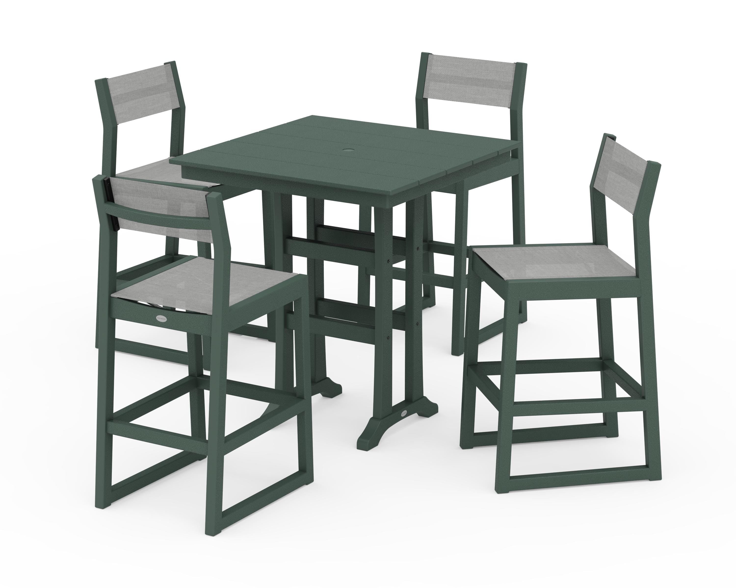 POLYWOOD EDGE Sling Arm Chair 5-Piece Farmhouse Bar Set with Trestle Legs in Green / Metallic Sling