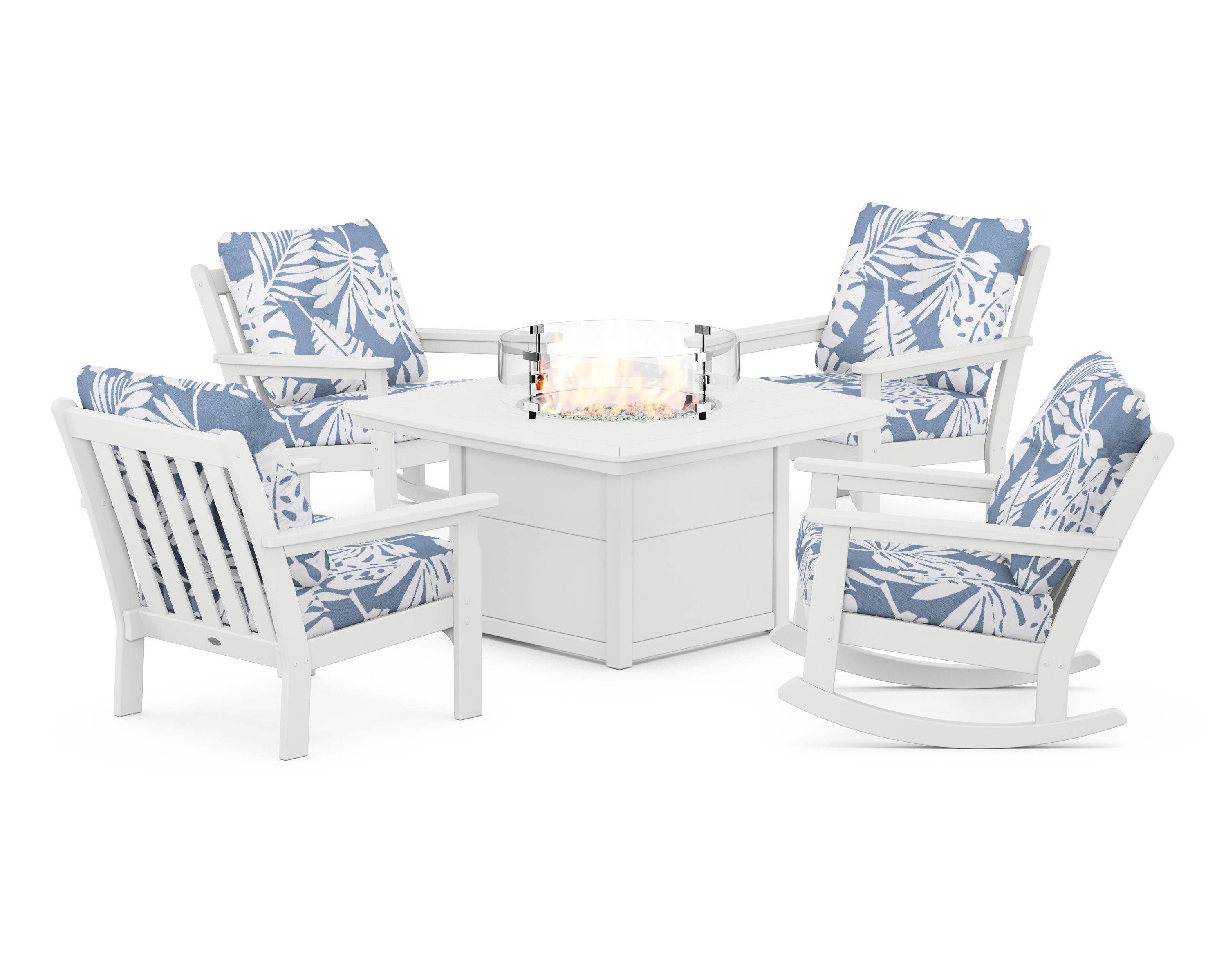 POLYWOOD Vineyard 5-Piece Deep Seating Rocking Chair Conversation Set with Fire Pit Table in White / Leaf Sky Blue