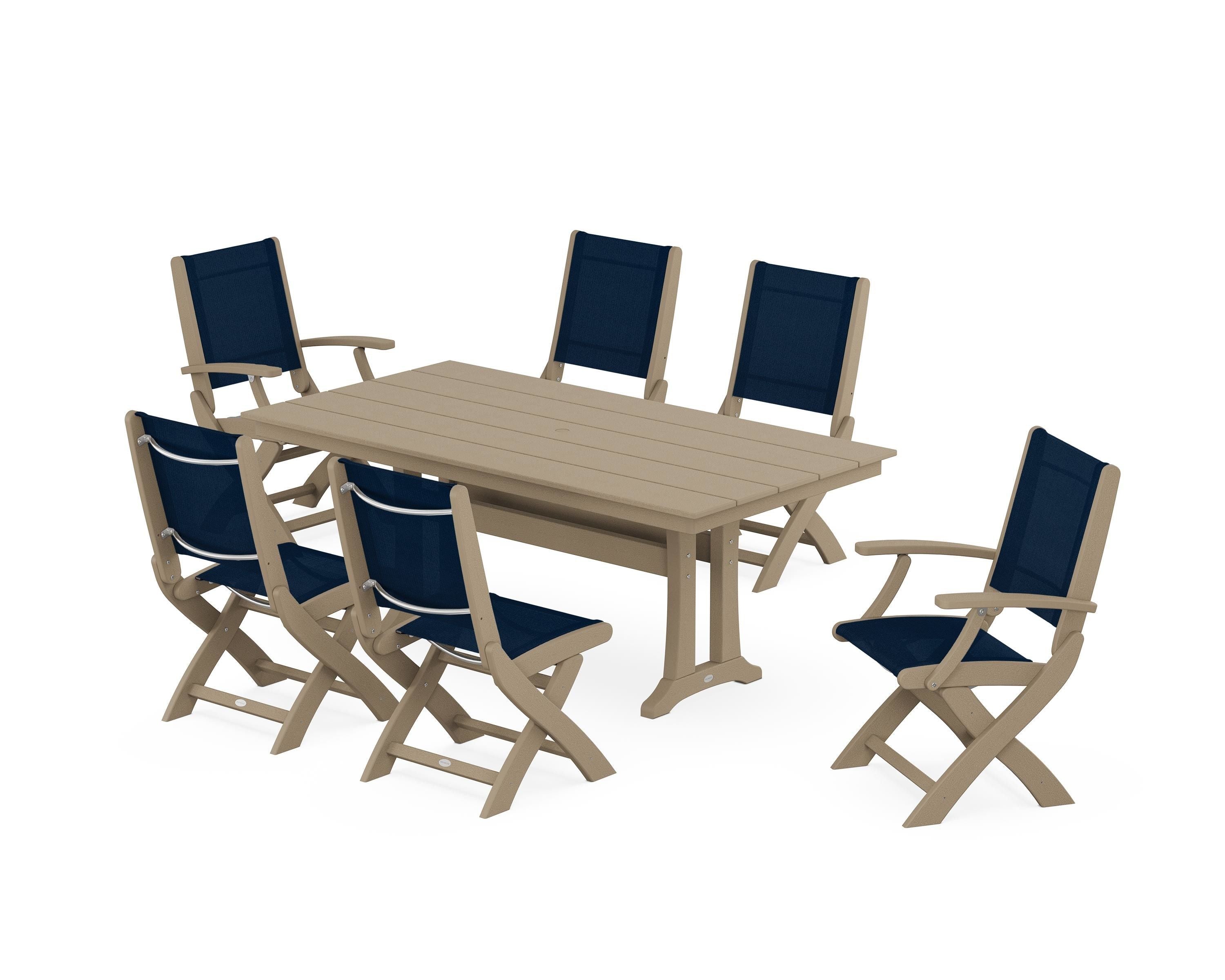 POLYWOOD Coastal Folding Chair 7-Piece Farmhouse Dining Set with Trestle Legs in Vintage Sahara / Navy Blue Sling
