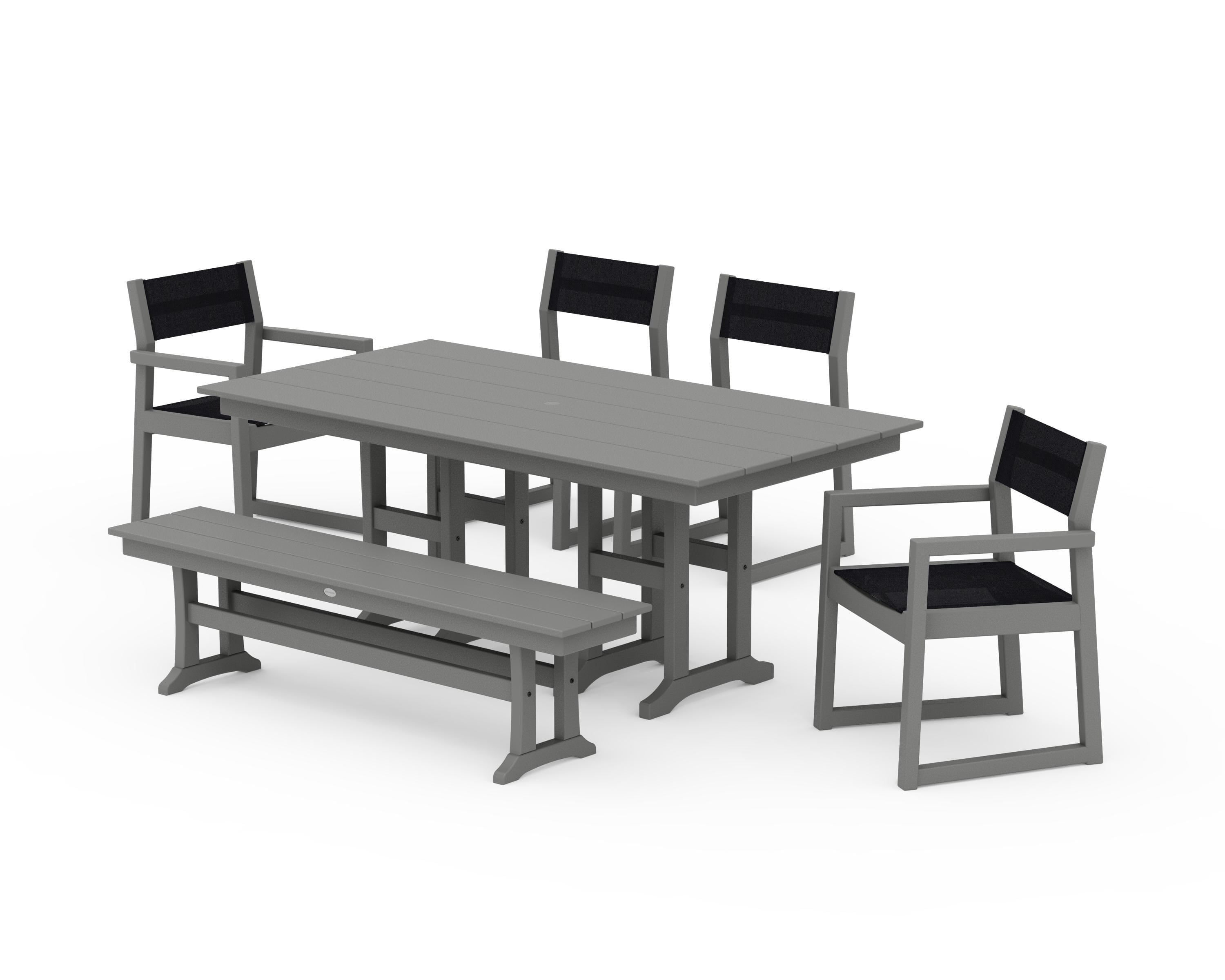 POLYWOOD EDGE Sling 6-Piece Farmhouse Dining Set in Slate Grey / Black Sling