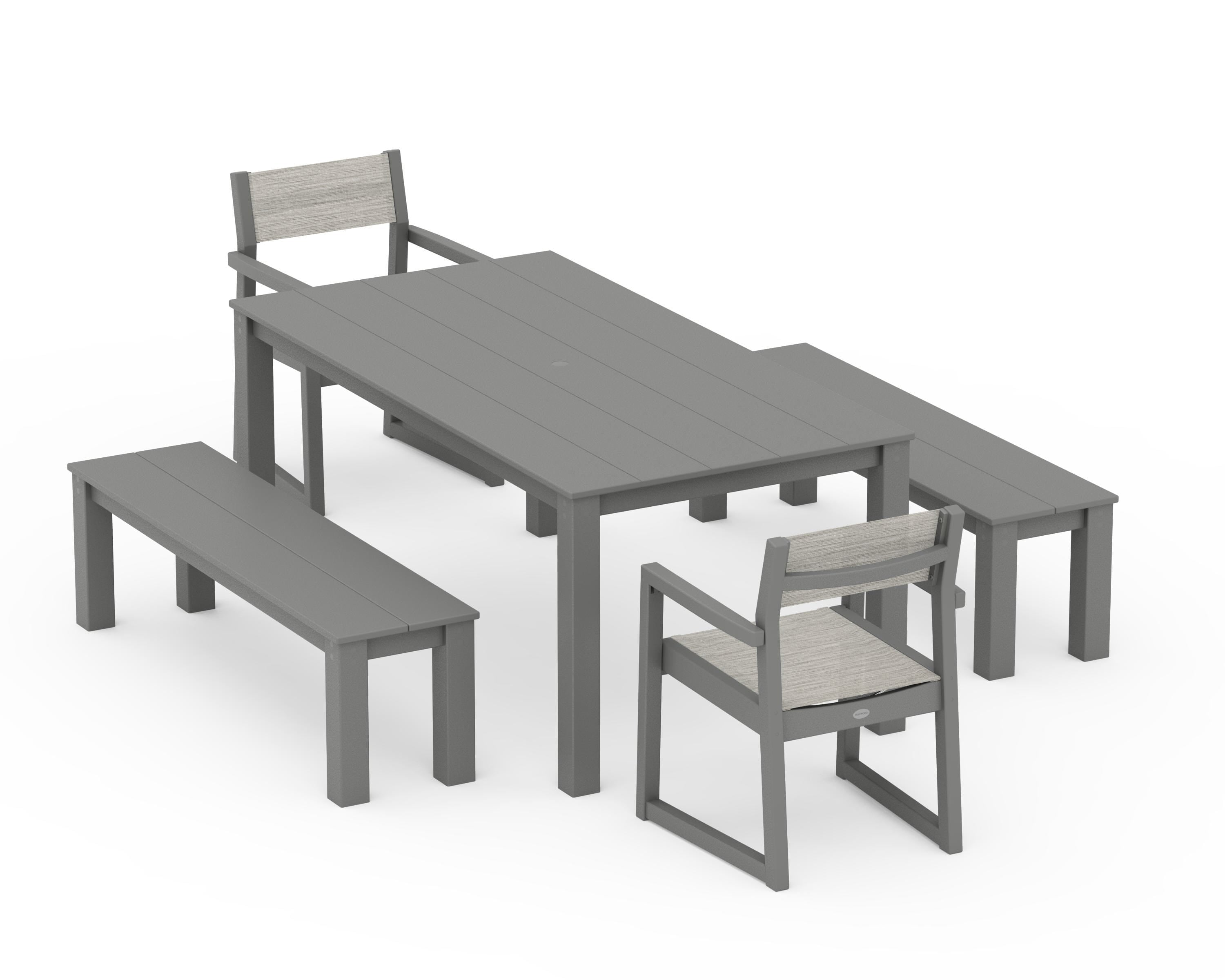 POLYWOOD EDGE Sling Arm Chair 5-Piece Parsons Dining Set with Benches in Slate Grey / Birch Sling