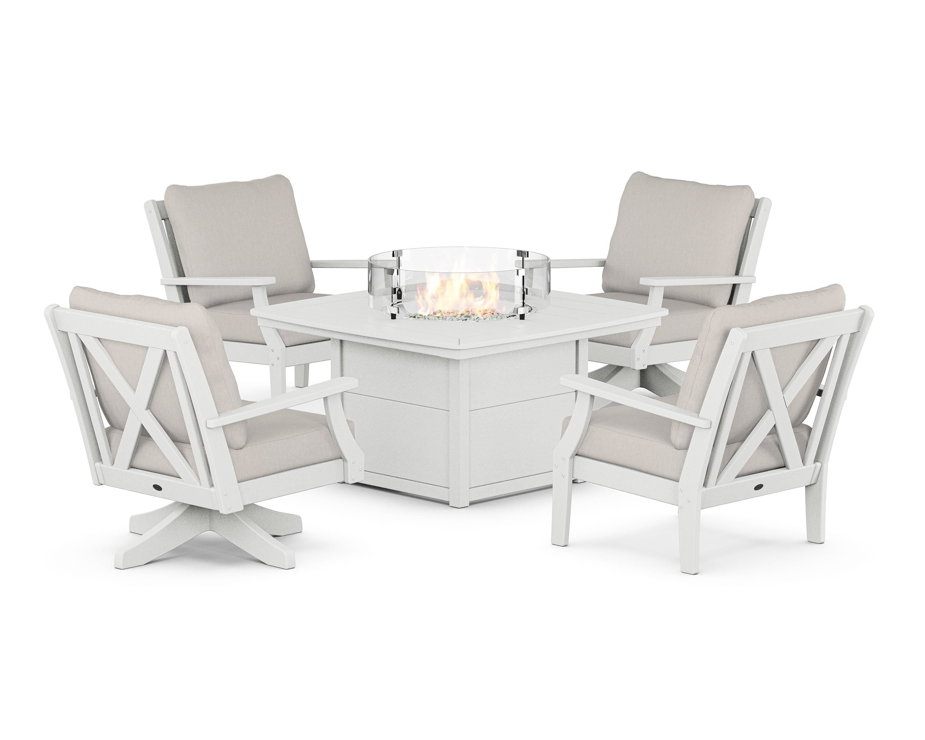 POLYWOOD Braxton 5-Piece Deep Seating Set with Fire Table in Vintage White / Cast Ash