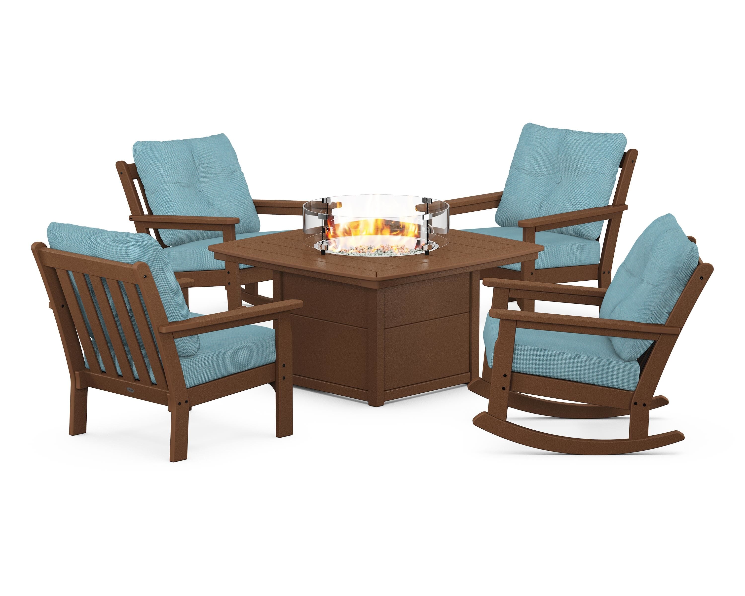 POLYWOOD Vineyard 5-Piece Deep Seating Rocking Chair Conversation Set with Fire Pit Table in Teak / Lattice Sky Blue