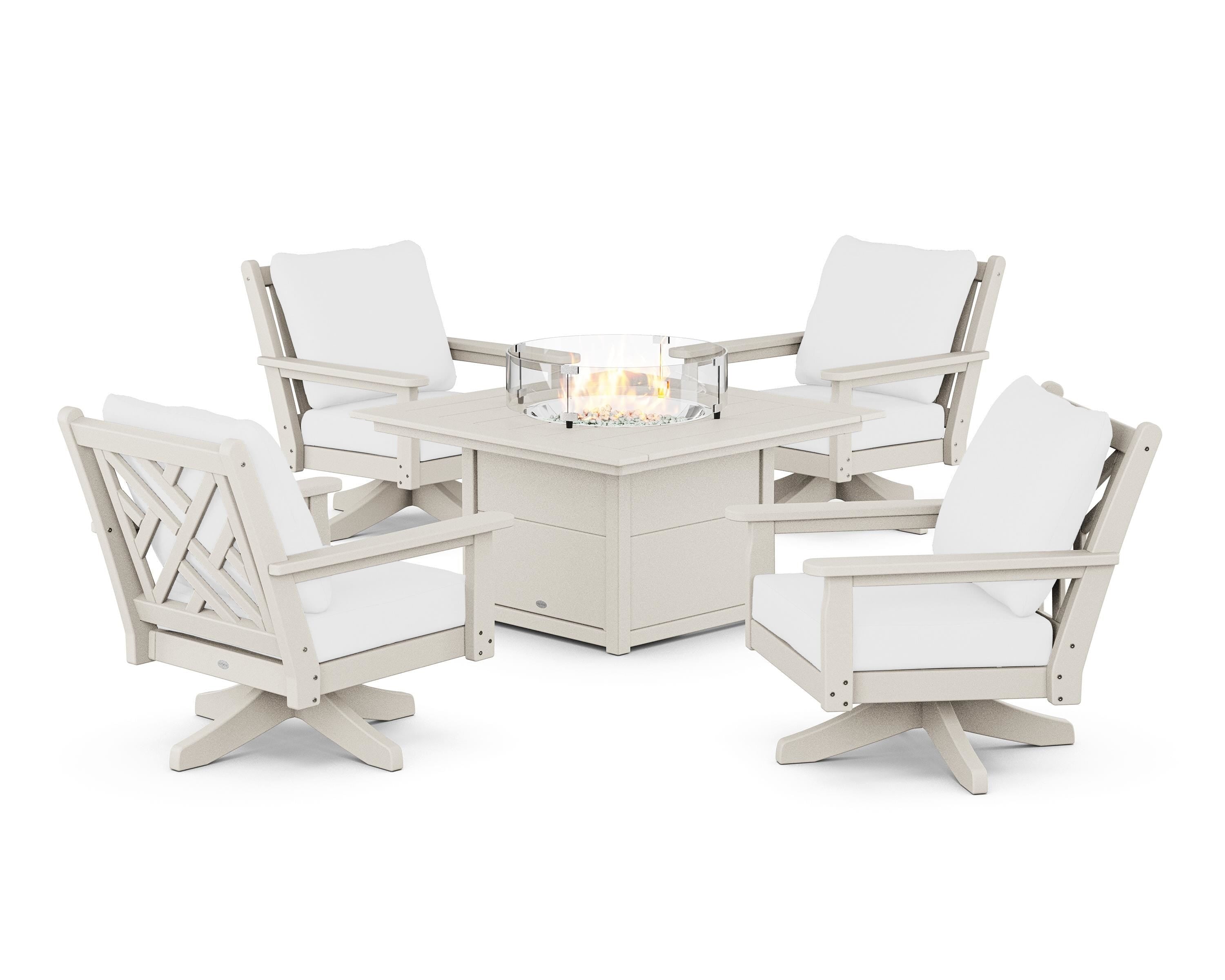 POLYWOOD Chippendale 5-Piece Deep Seating Swivel Conversation Set with Fire Pit Table in Sand / Natural
