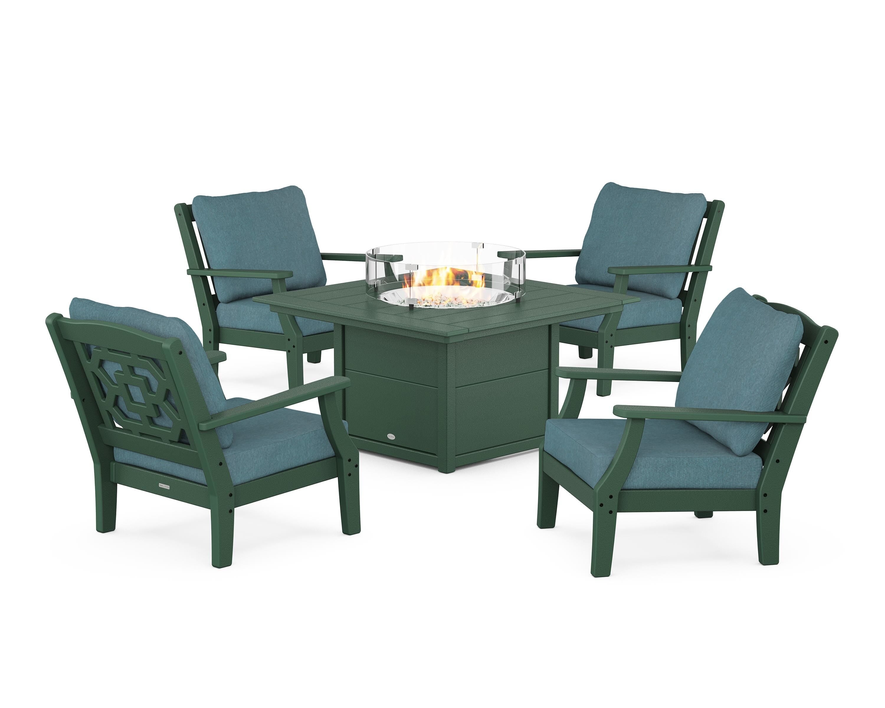 Martha Stewart by POLYWOOD Chinoiserie 5-Piece Deep Seating Set with Fire Pit Table in Green / Ocean Teal
