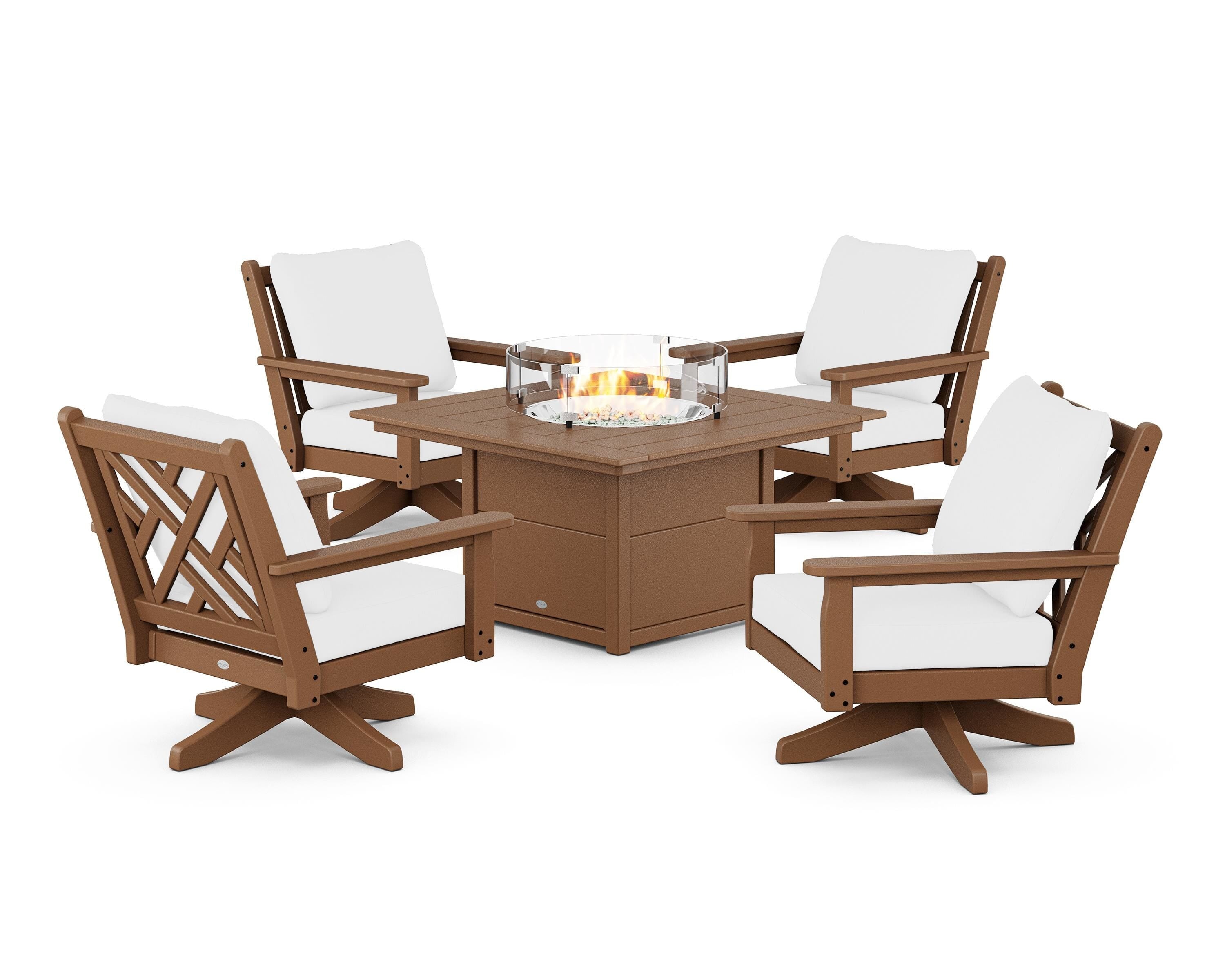 POLYWOOD Chippendale 5-Piece Deep Seating Swivel Conversation Set with Fire Pit Table in Teak / Natural