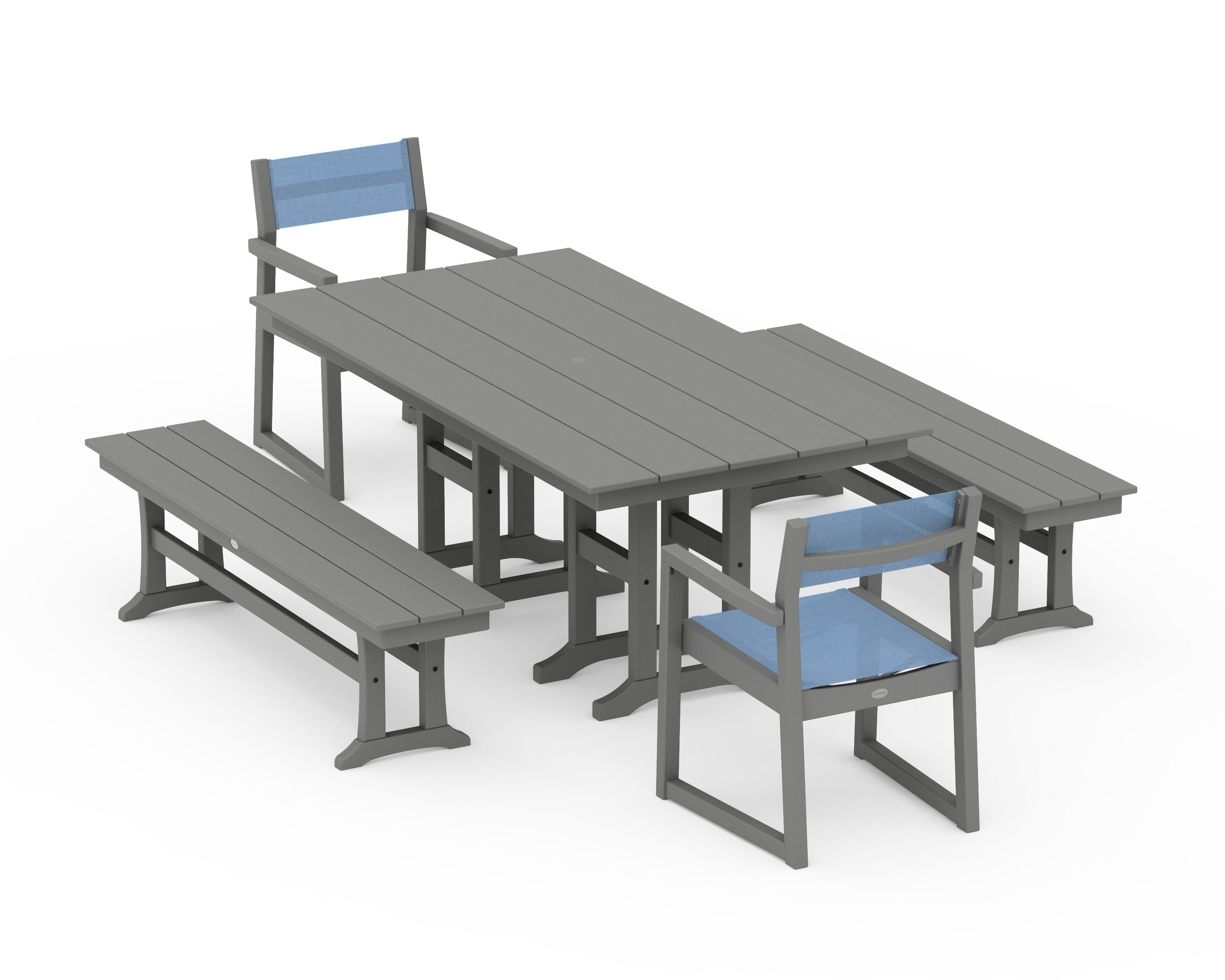 POLYWOOD EDGE Sling Arm Chair 5-Piece Farmhouse Dining Set with Benches in Slate Grey / Poolside Sling