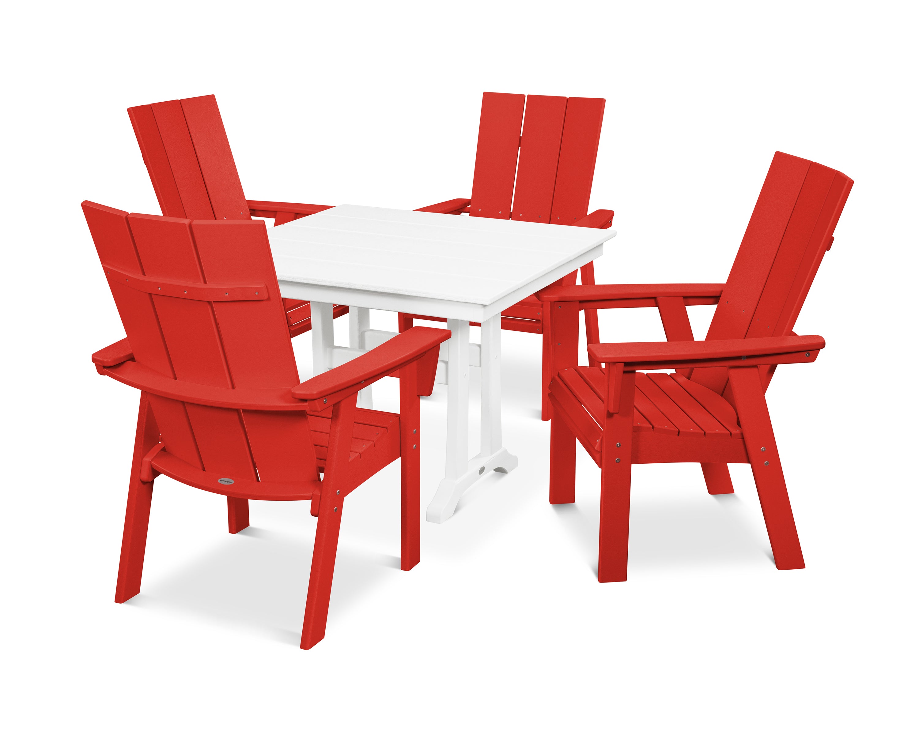 POLYWOOD® Modern Curveback Adirondack 5-Piece Farmhouse Trestle Dining Set in Sunset Red / White