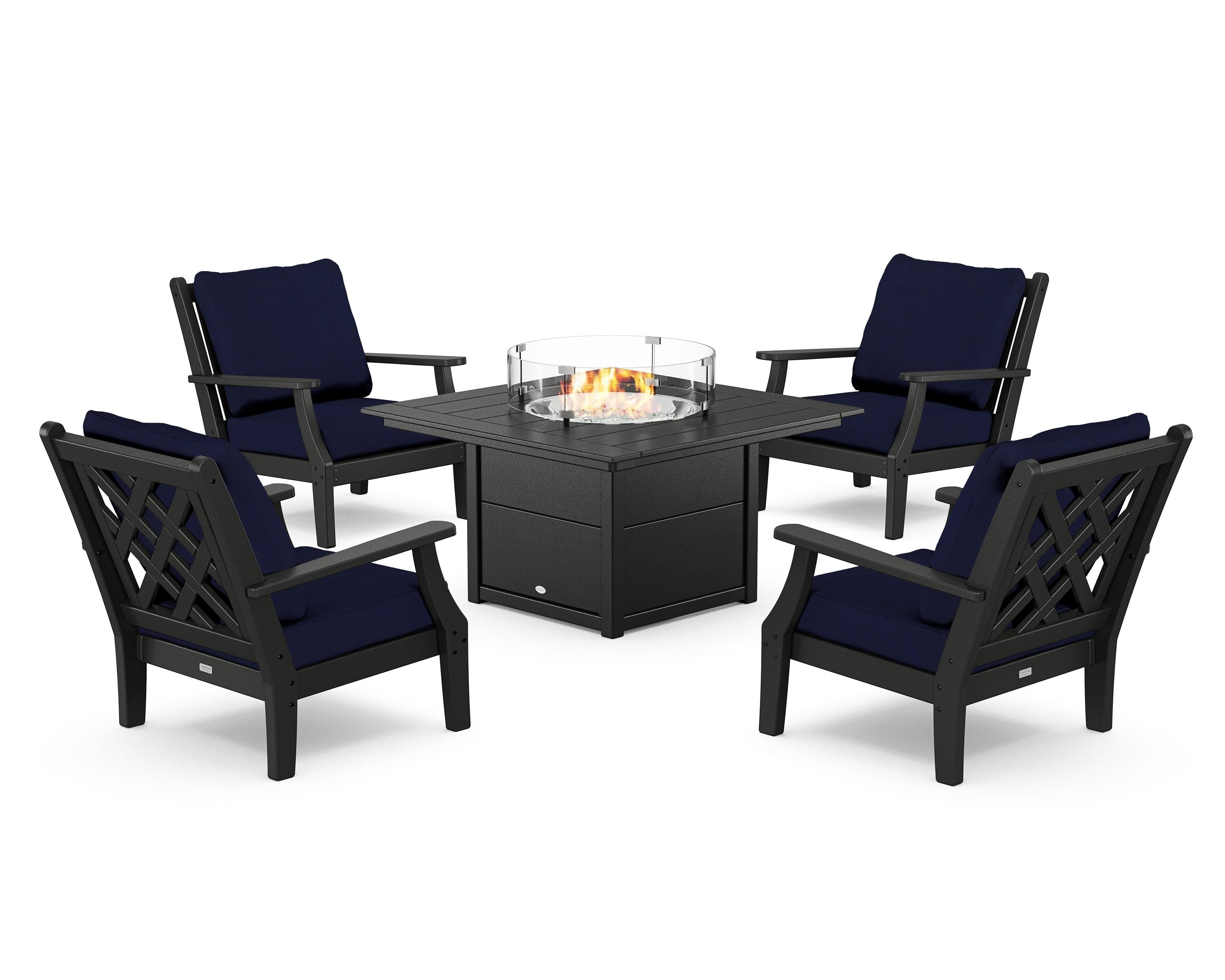Country Living Wovendale 5-Piece Deep Seating Set with Fire Pit Table in Black / Navy